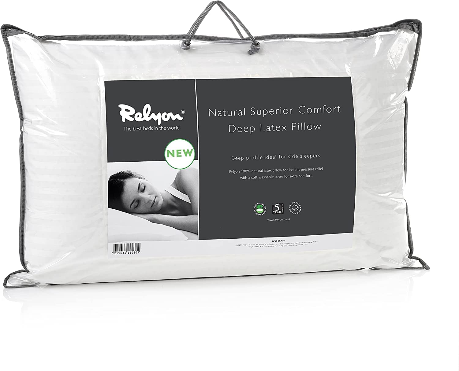 Relyon Superior Comfort Deep Latex Standard Pillow - 100% Natural Latex Fill | Washable Cotton Cover 1