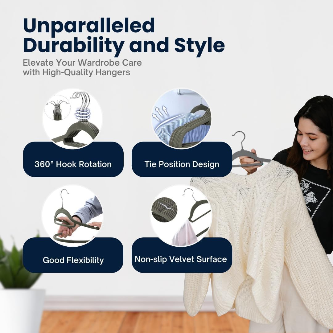 Sasha Morel Velvet Coat Hangers - 20 Pack Space Saving Non-Slip Clothes Hangers | Grey 5
