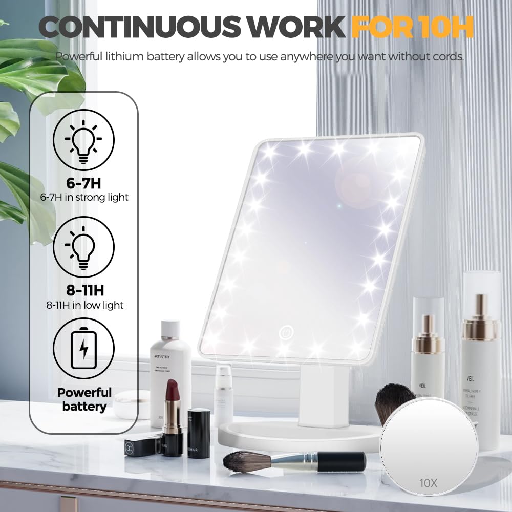 Woobroo Makeup Vanity Mirror with 22 LED Lights | Detachable 10X Magnification | Touch Sensor Dimming | White 5