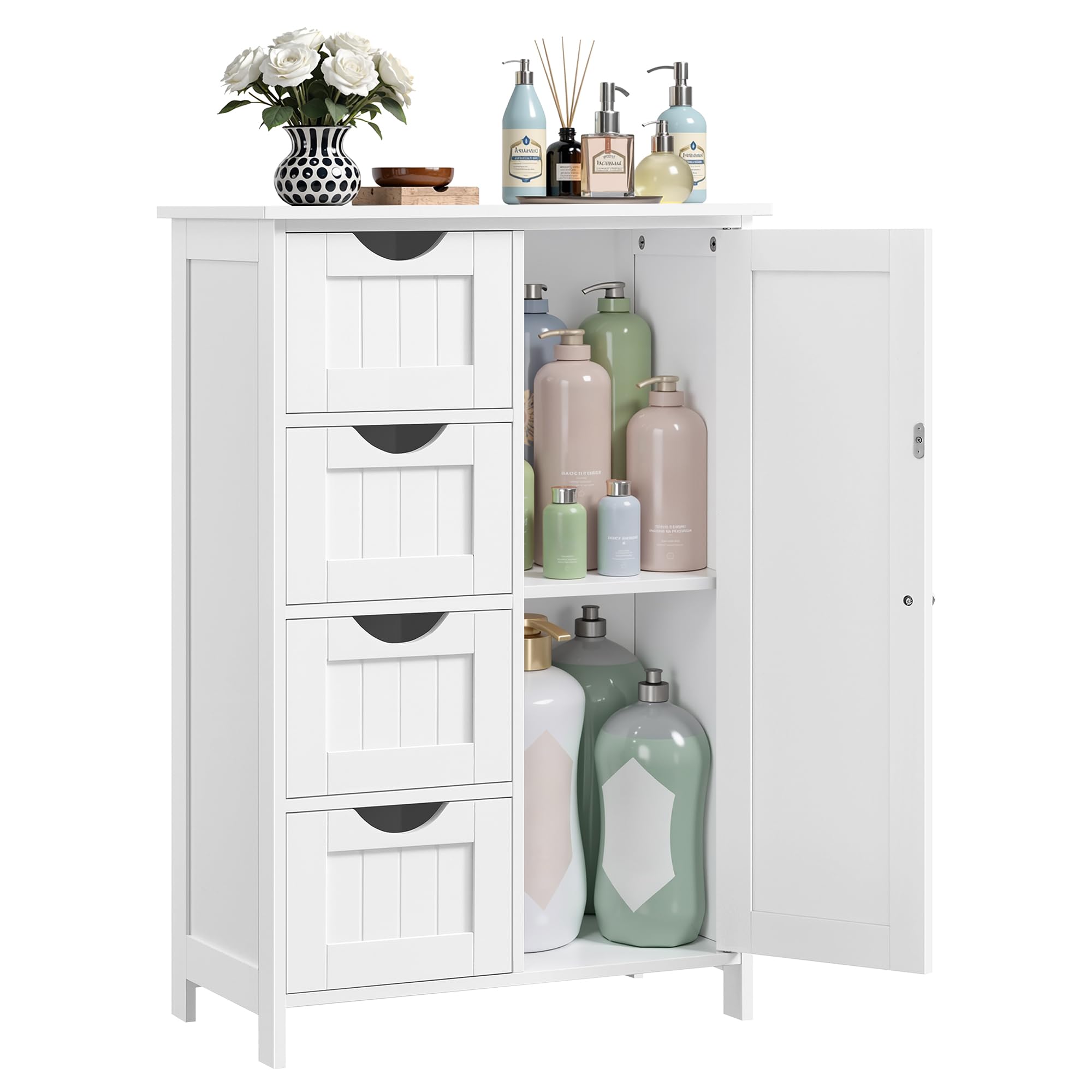 VASAGLE Bathroom Floor Storage Cabinet - 4 Drawers | Adjustable Shelf | Cloud White