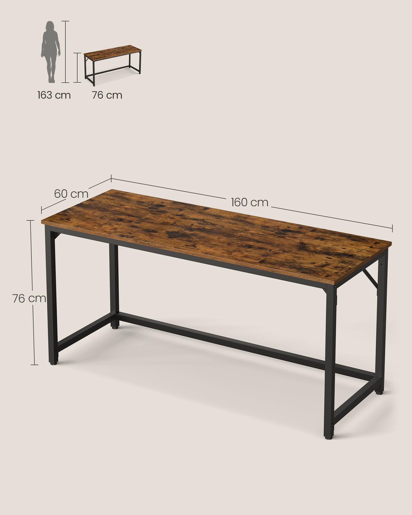 VASAGLE Computer Desk - 160 x 60 cm Workspace | Rustic Brown & Ink Black | Supports 50 kg 5