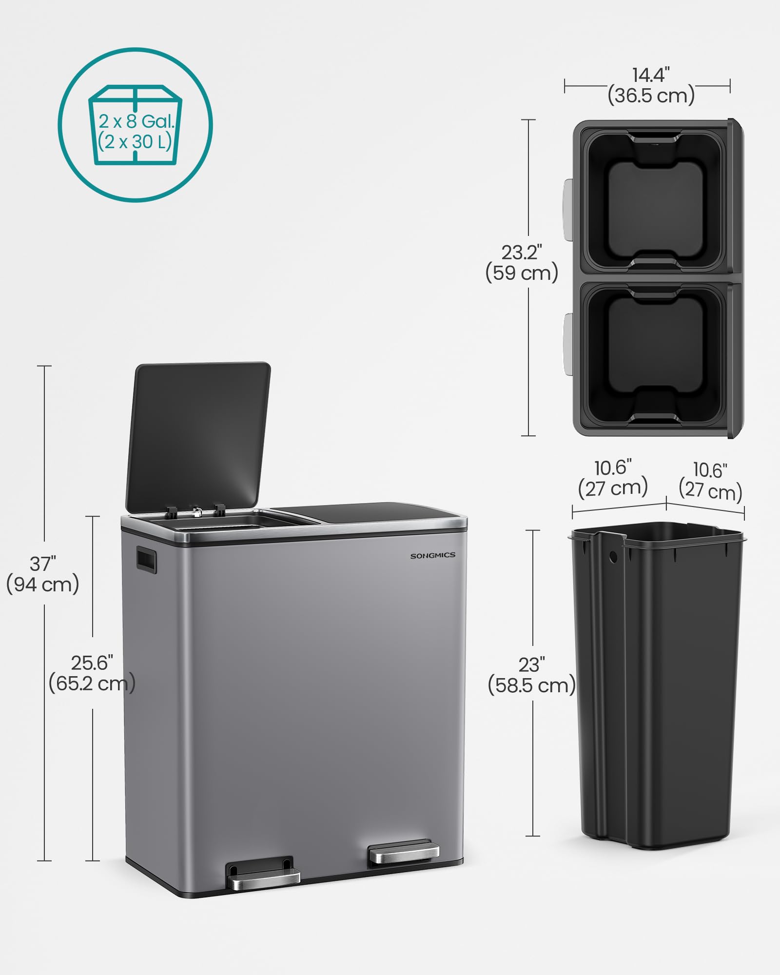 SONGMICS Dual Rubbish Bin - 2 Compartments, 2 x 30L, Soft Closure, Pedal Operated | Slate Grey 6