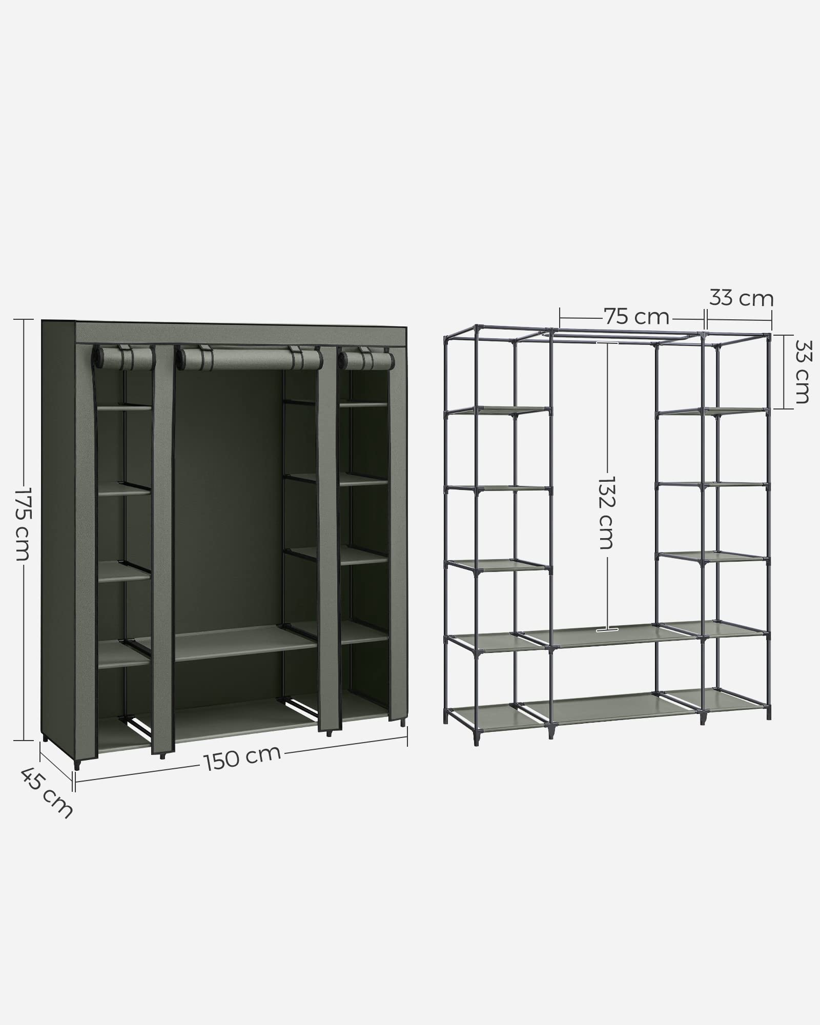 SONGMICS Portable Fabric Wardrobe - 45 x 150 x 175 cm | 15 kg Rail Capacity | Sage Green 7