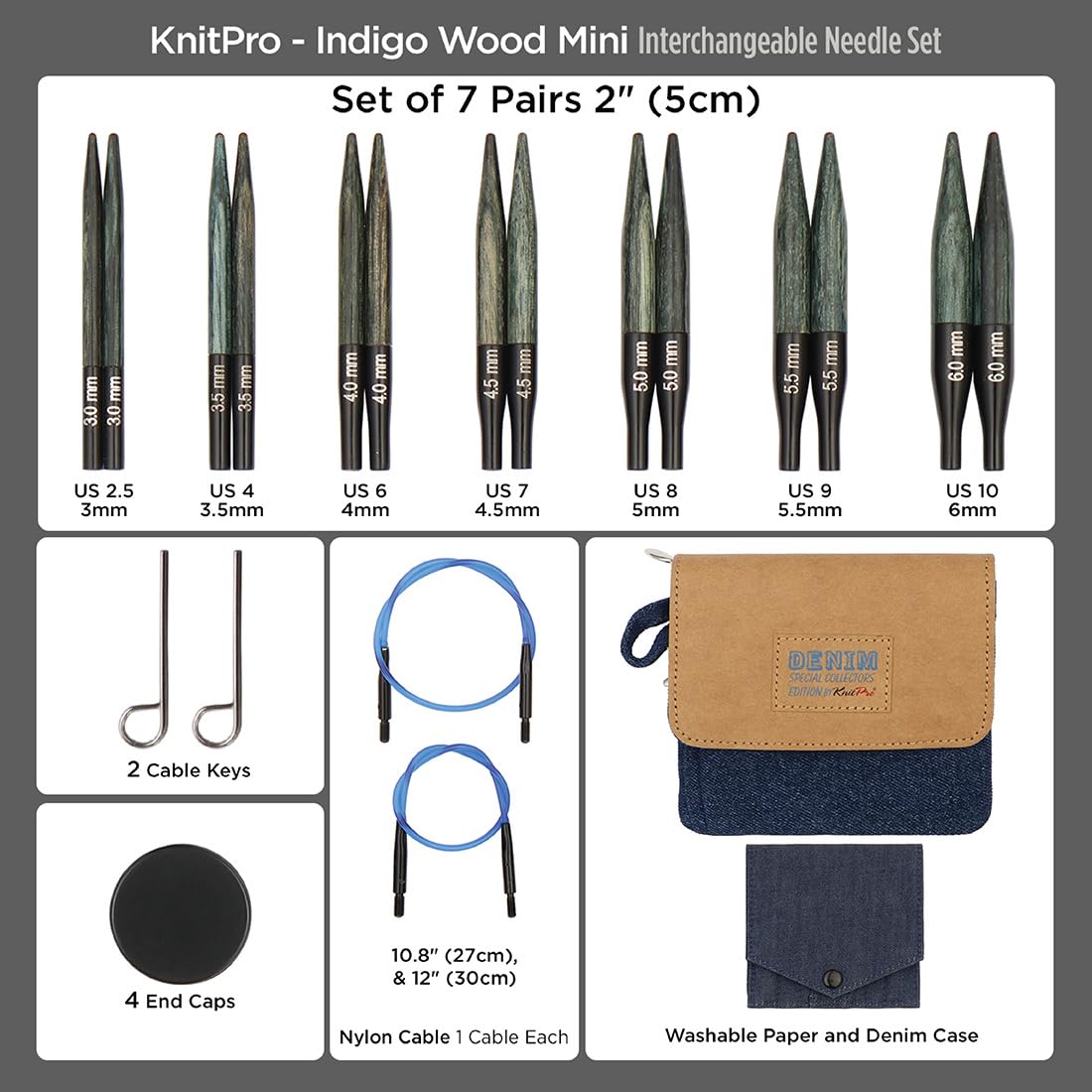 KnitPro Interchangeable Needle Set Mini Wood Indigo - 5cm Tips | Sizes 3.00mm-6.00mm | 15 Pieces 2