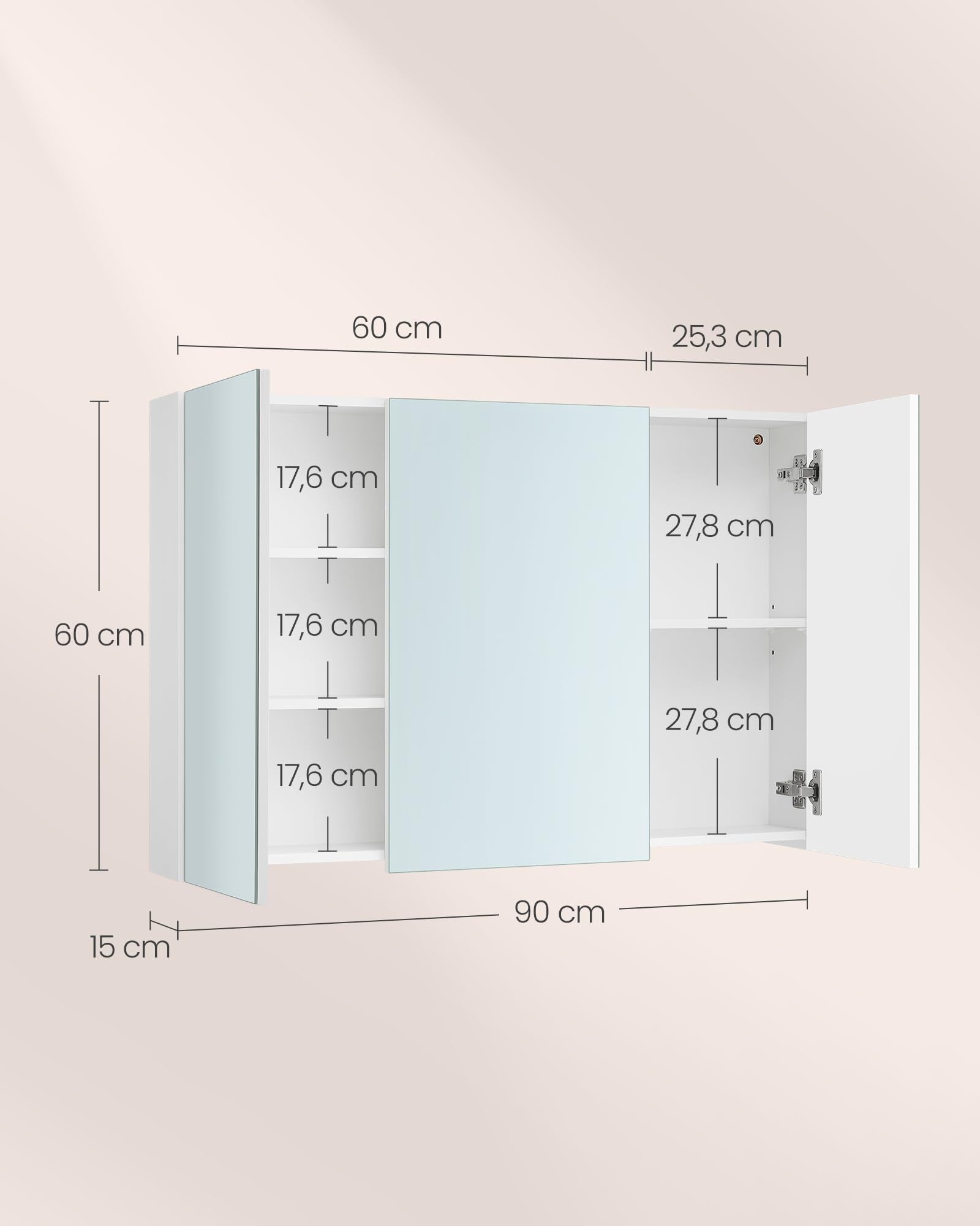 VASAGLE KAILYN Wall Cabinet with Mirror - 3-Door Storage Unit | White | 90W cm 3