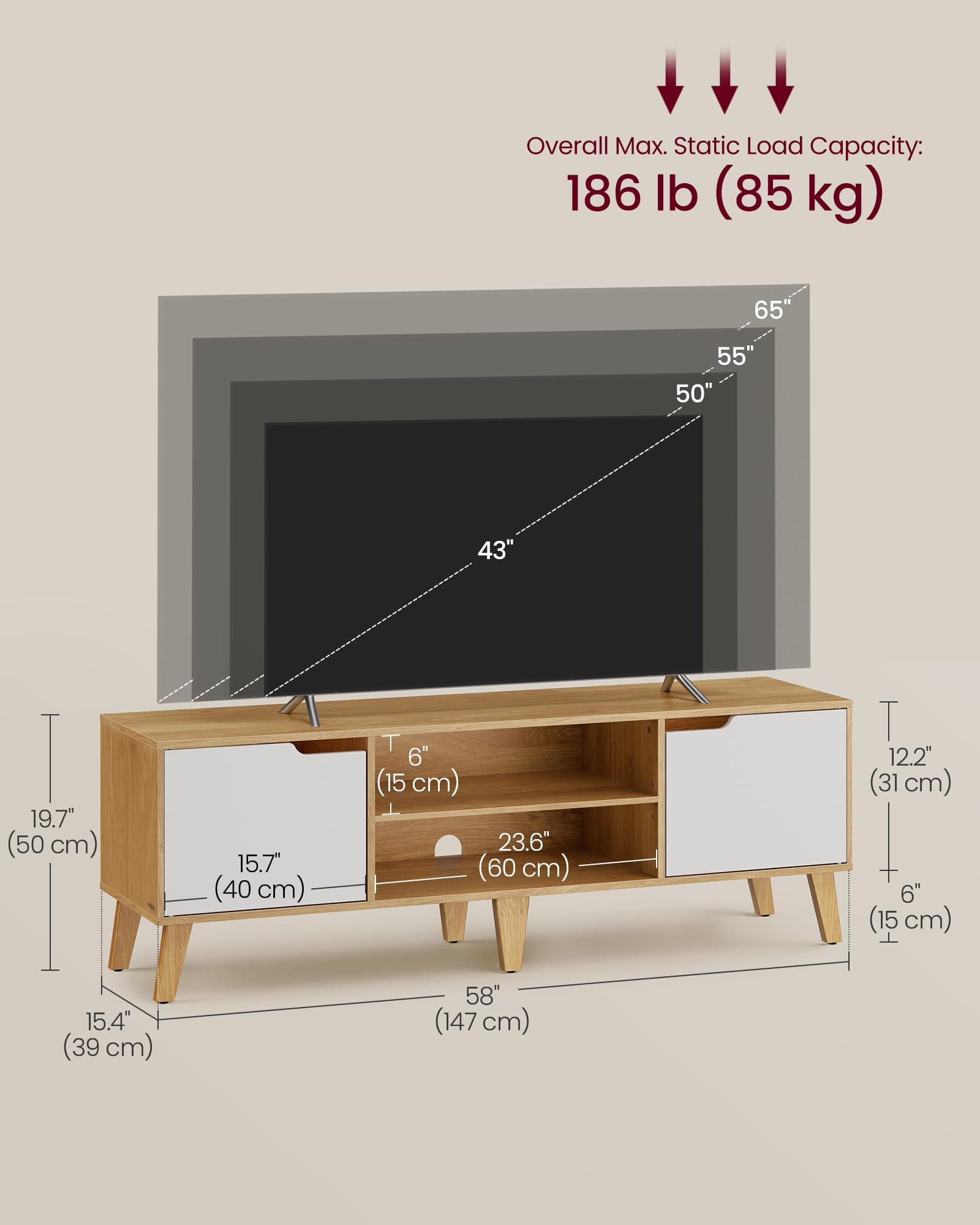 VASAGLE TV Stand Unit - Fits TVs up to 65" | 147cm Wide | Adjustable Shelf 4