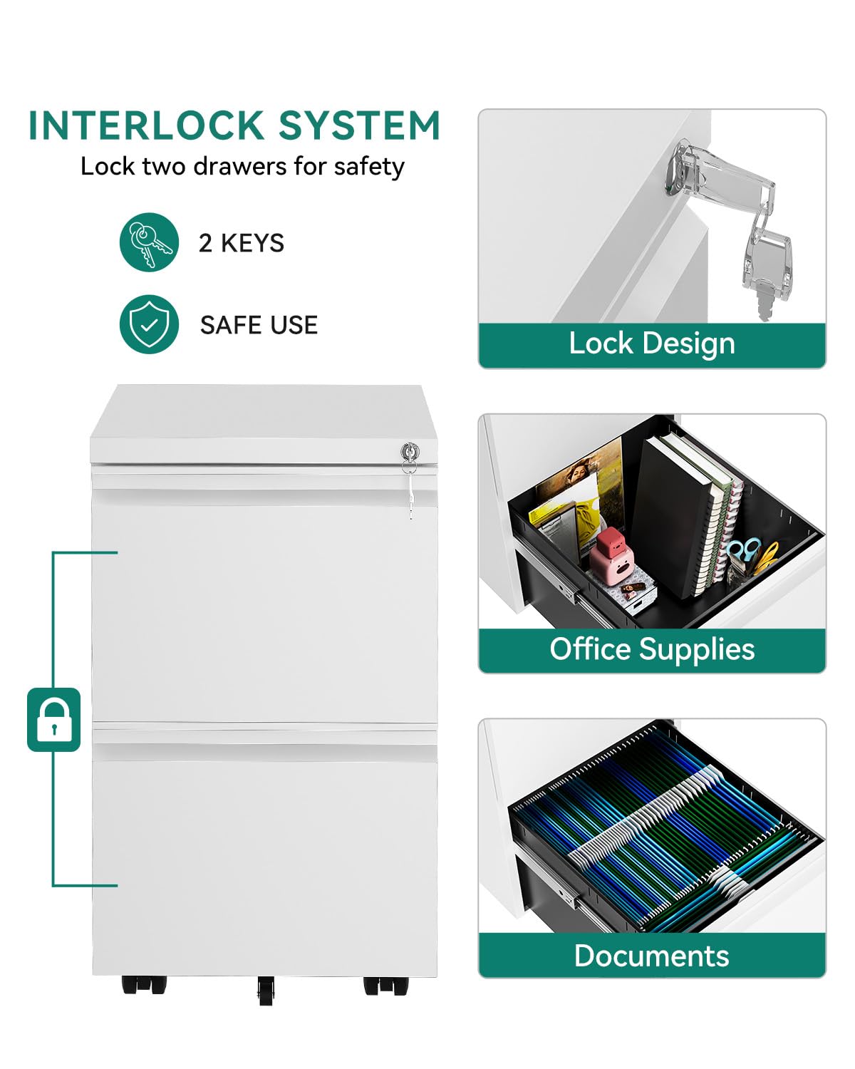 YITAHOME Mobile Filing Cabinet - 2 Lockable Drawers | Steel Construction | White | 51x39x71cm 4