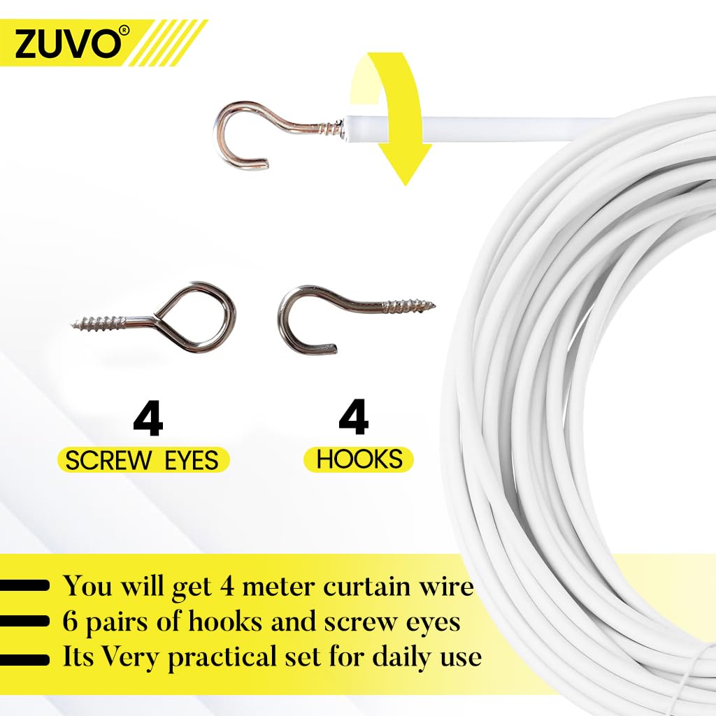 Zuvo Extra Strong Net Curtain Wire - 4m Length | White PVC | Includes 6 Hooks & Eyes 6