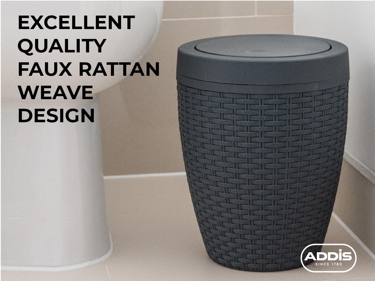 Addis Faux Rattan Round Swing Lid Bathroom Bin - Charcoal | 5L Capacity | Plastic 6