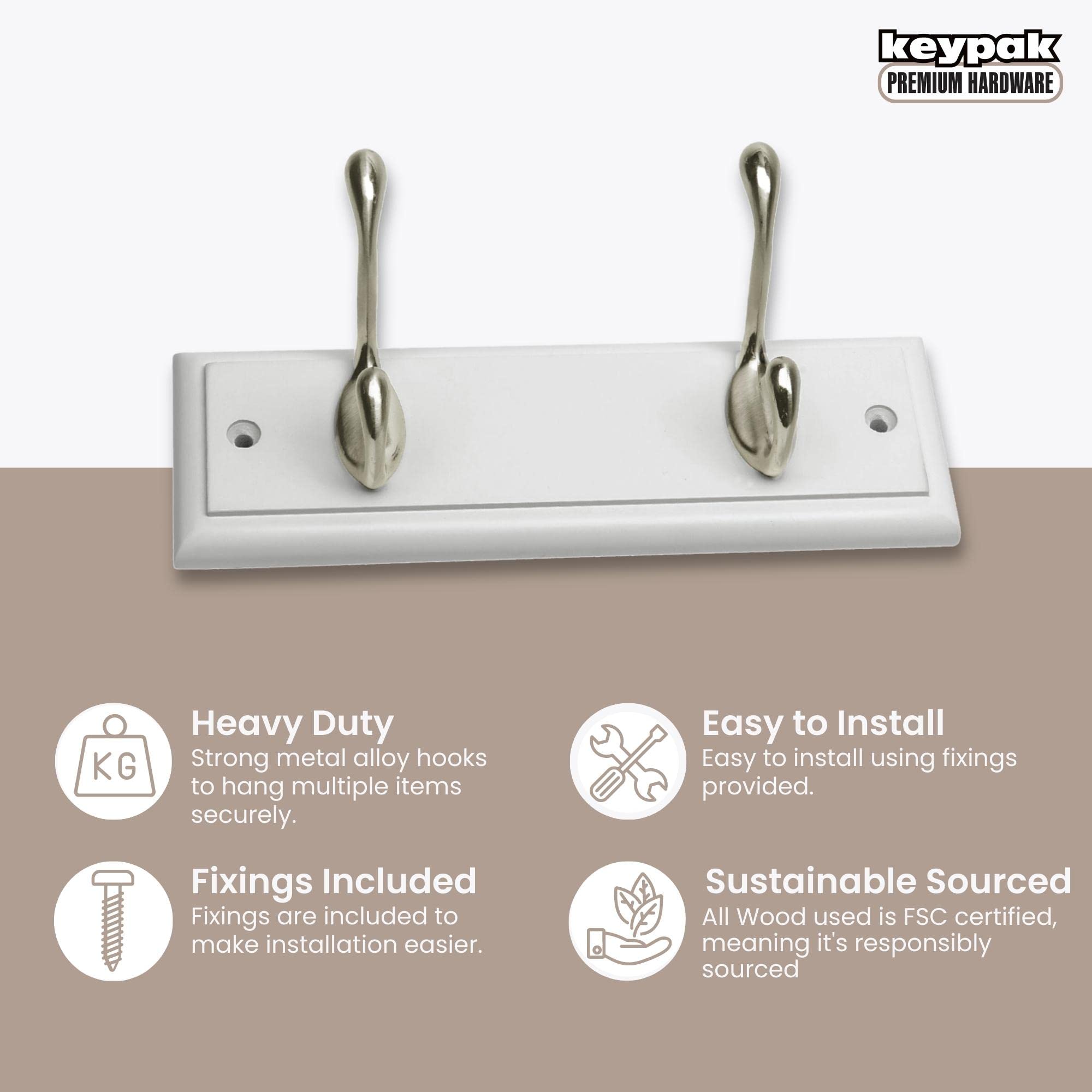 keypak 2-Hook Wall Mounted Coat Rack - White Engineered Wood Board | Satin Nickel Hooks | Fixings Included