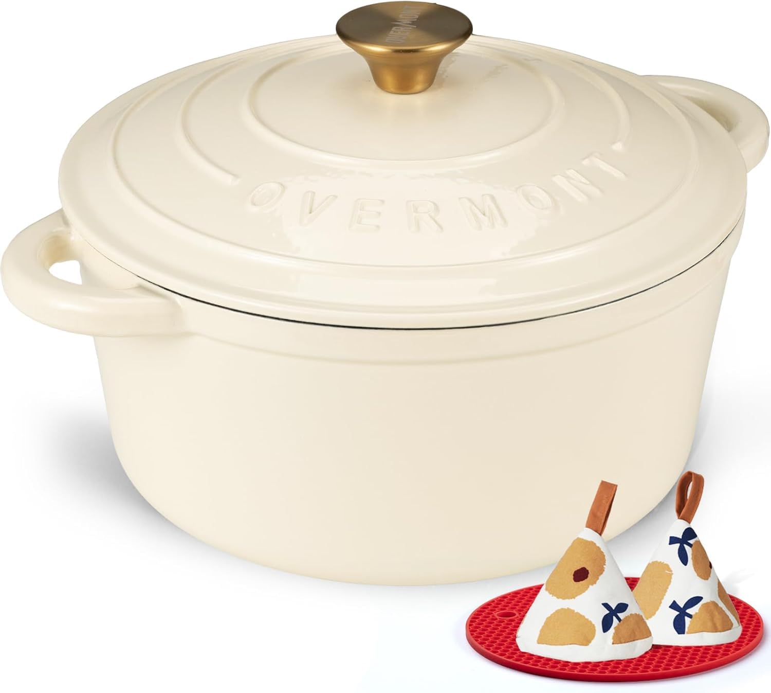 OVERMONT 24cm/4.2L Enamelled Cast Iron Round Casserole Pot with Lid | 4.5QT | Cream White 1