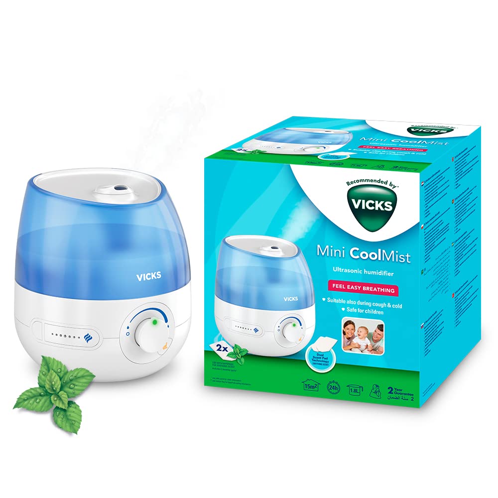 Vicks Mini Cool Mist Ultrasonic Humidifier - Quiet Operation, Dual VapoPad Slots | Blue/White 1