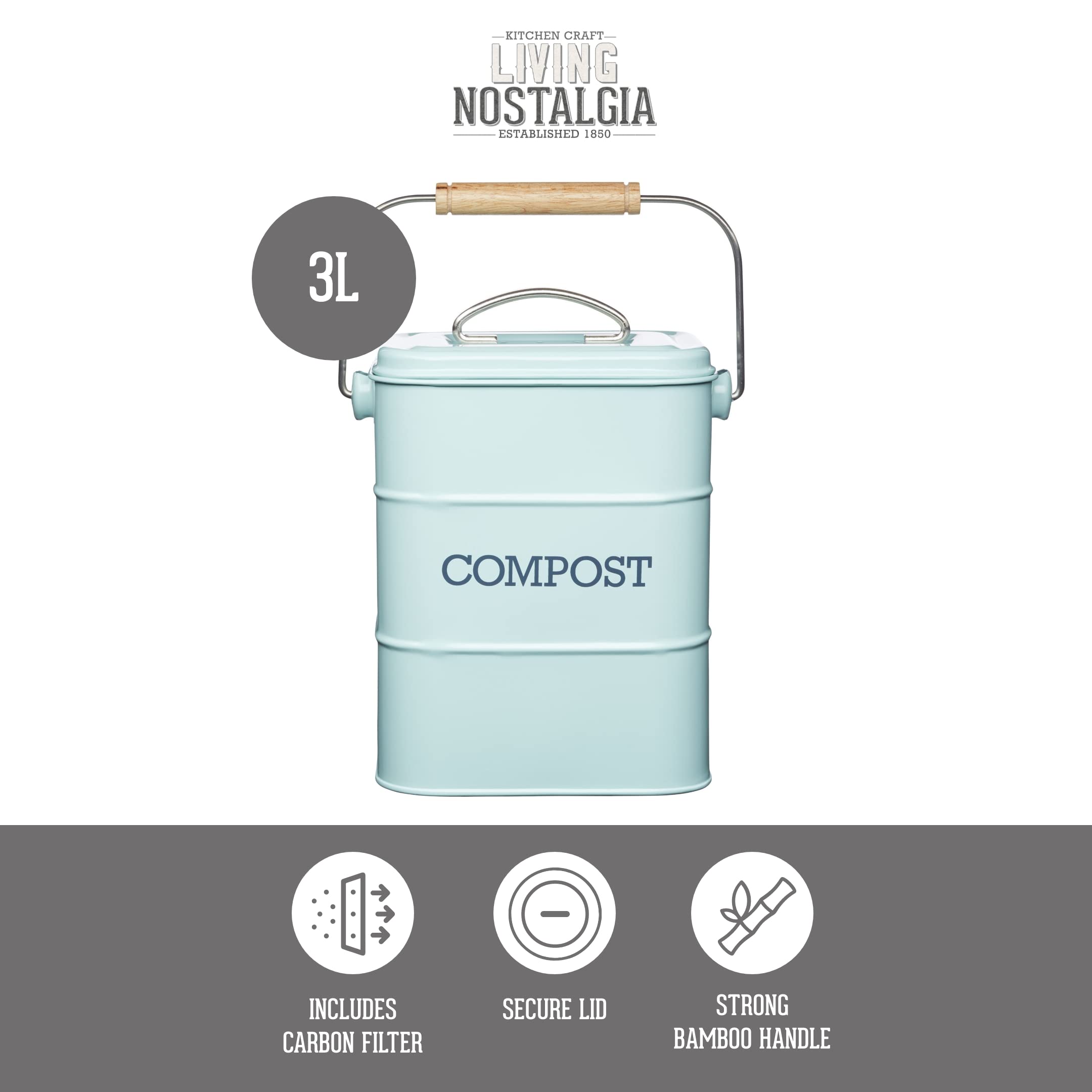 KitchenCraft Living Nostalgia Compost Bin - 3L Capacity | Carbon Steel | Duck Egg Blue 3