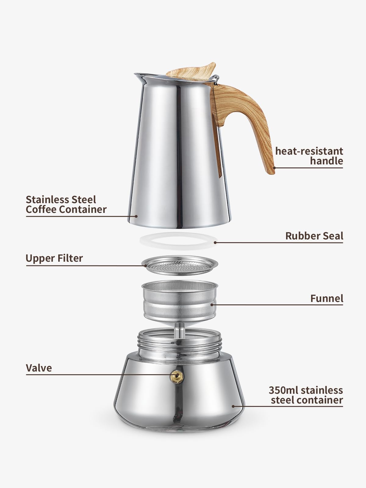 Yabano Moka Pot - 6 Cup Stainless Steel Stovetop Espresso Maker | Induction Compatible 5