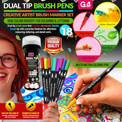 G4GADGET Dual Tip Brush Pens - 18 Pack | Fine & Brush Tip Markers for Drawing & Lettering