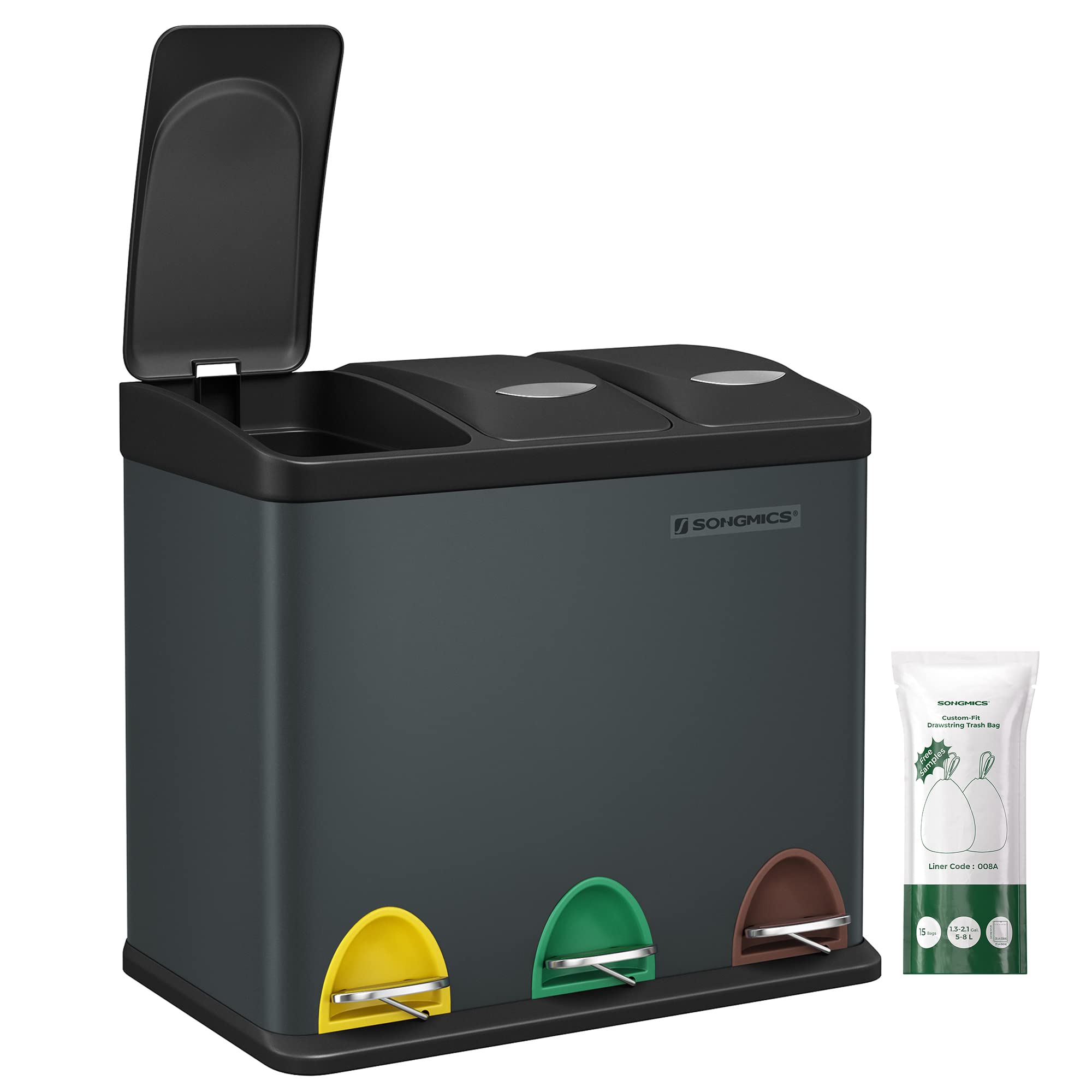 SONGMICS LTB24GS Triple Waste Bin - 3 x 8L Capacity | Foot Pedal Operated | Steel