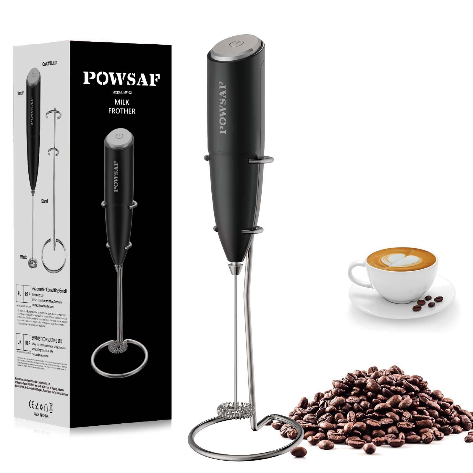 POWSAF Handheld Milk Frother Wand for Coffee with Stand | Battery-Powered | Stainless Steel Whisk