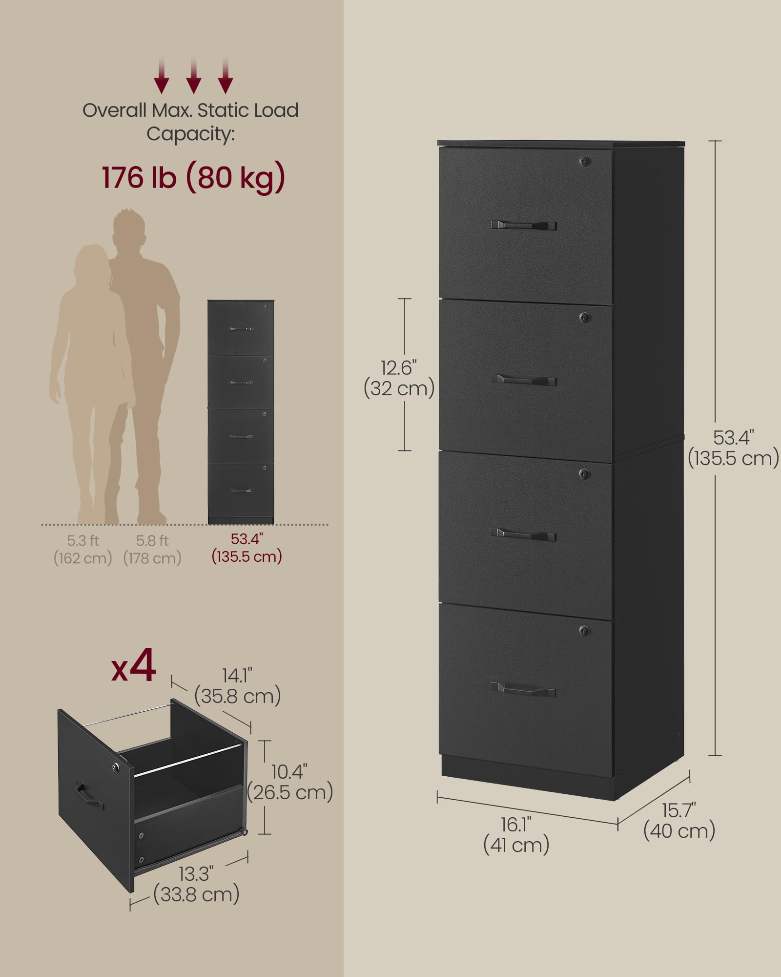 VASAGLE Vertical File Cabinet - 4 Lockable Drawers | A4 & Letter Size | Ink Black | OFC082B02 3