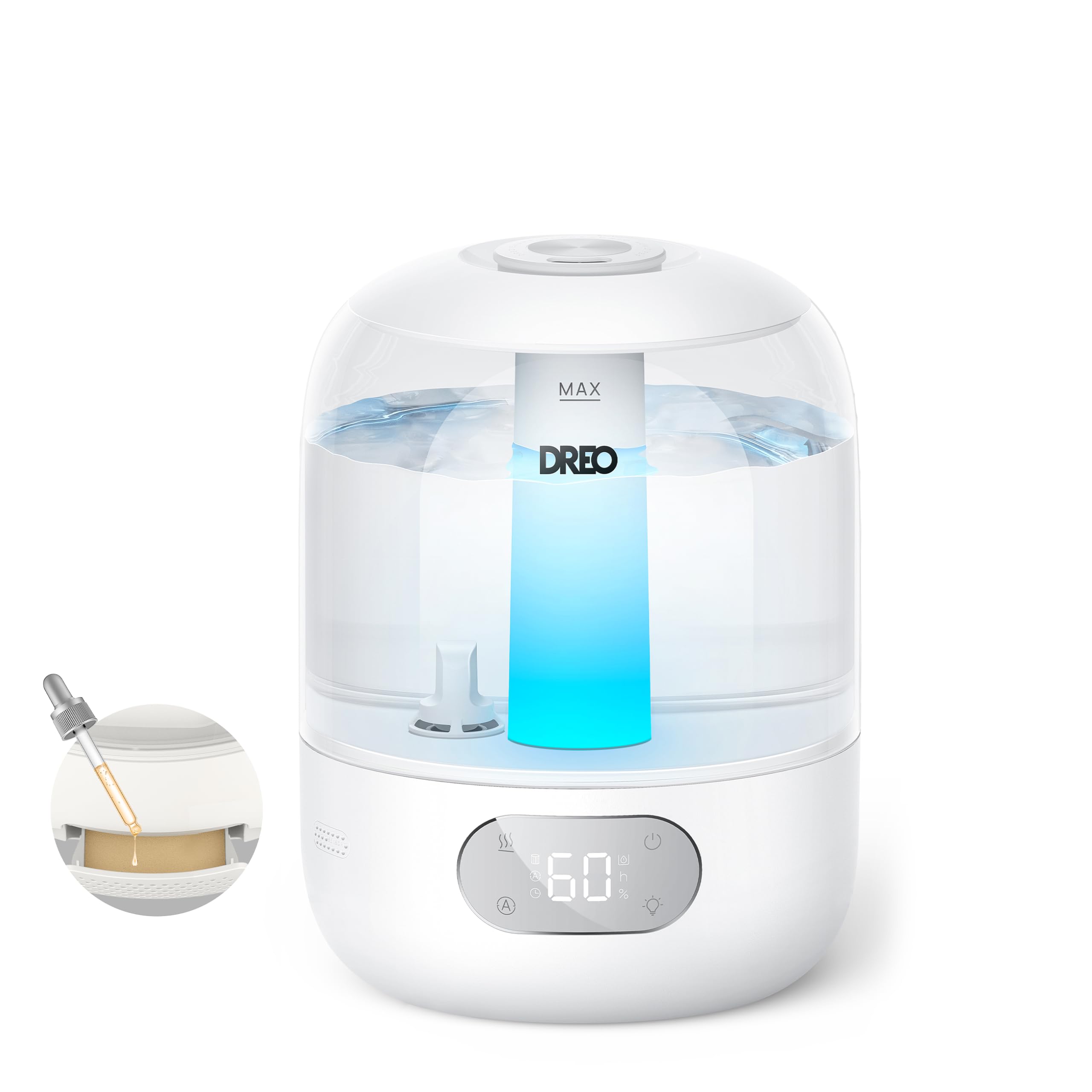 DREO Ultrasonic Cool Mist Humidifier - 3L Tank, 30-Hour Runtime, 26dB Quiet | White