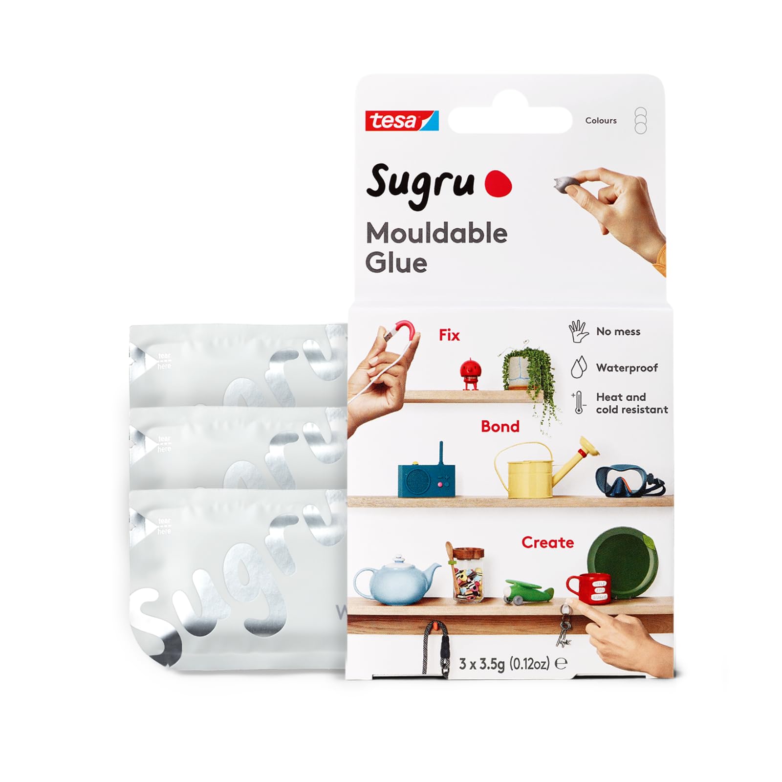 tesa Sugru Moldable Multi-Purpose Glue - White, 3-Pack | Waterproof, Heat/Cold Resistant 1