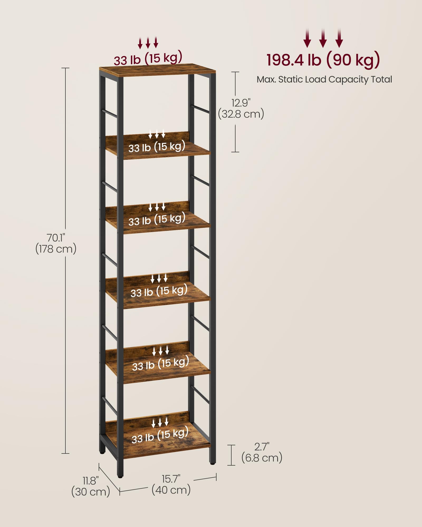 VASAGLE 6-Tier Bookcase - Rustic Brown/Ink Black | 30x40x178 cm | Heavy Duty Steel Frame 3