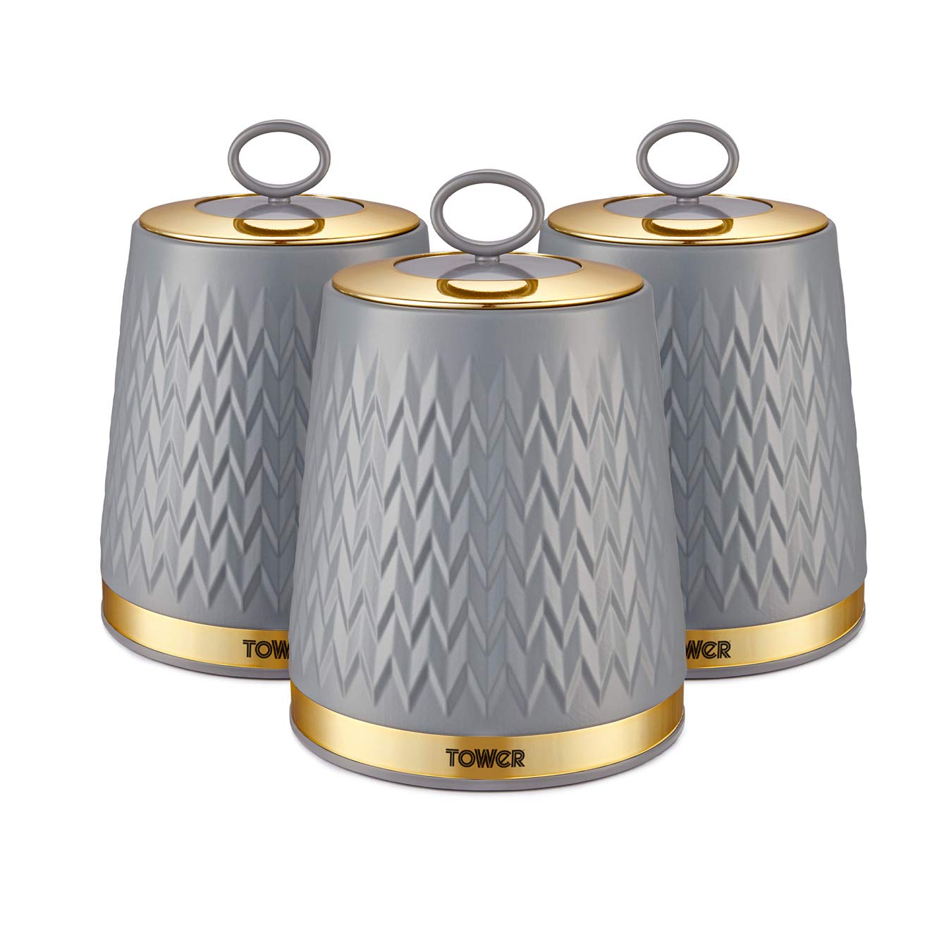 Tower Empire Set of 3 Storage Canisters for Tea Coffee Sugar | 1.3L Capacity | Grey and Brass 1