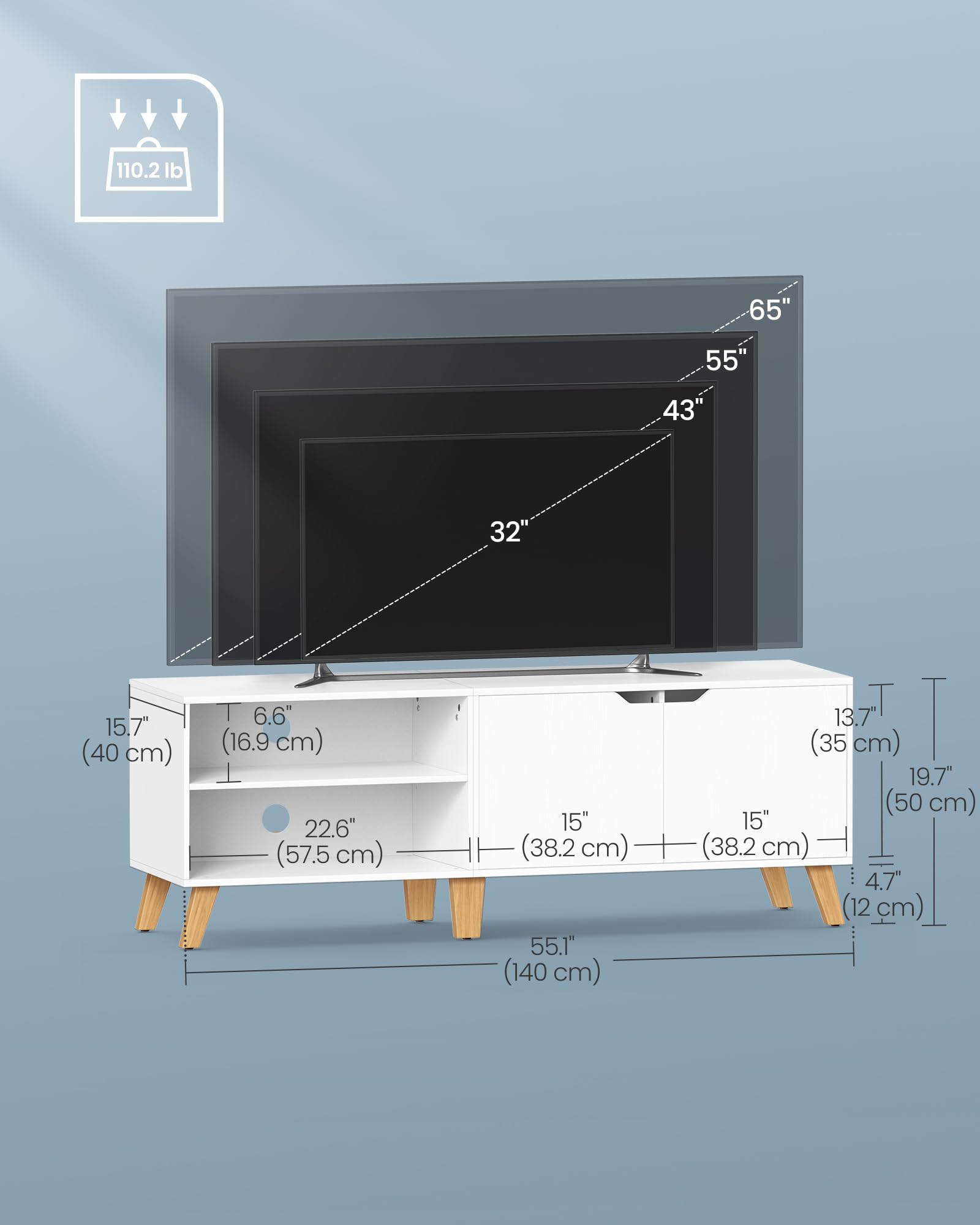 VASAGLE TV Stand - 140 cm Long, White, with 2 Doors & Adjustable Shelves | Engineered Wood 5