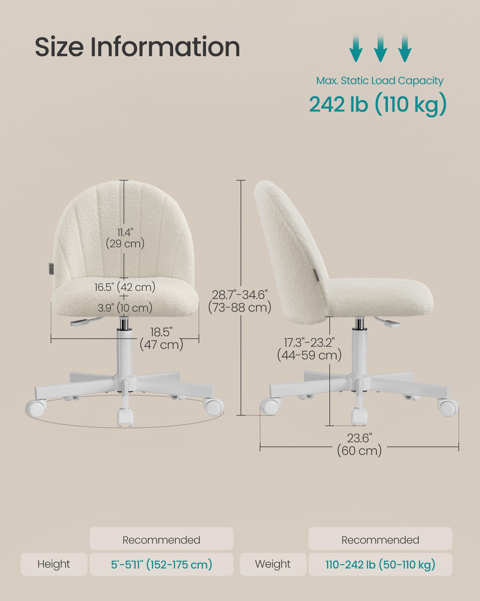SONGMICS Teddy Fleece Desk Chair - Height Adjustable Swivel, Cream White | Max Load 110 kg