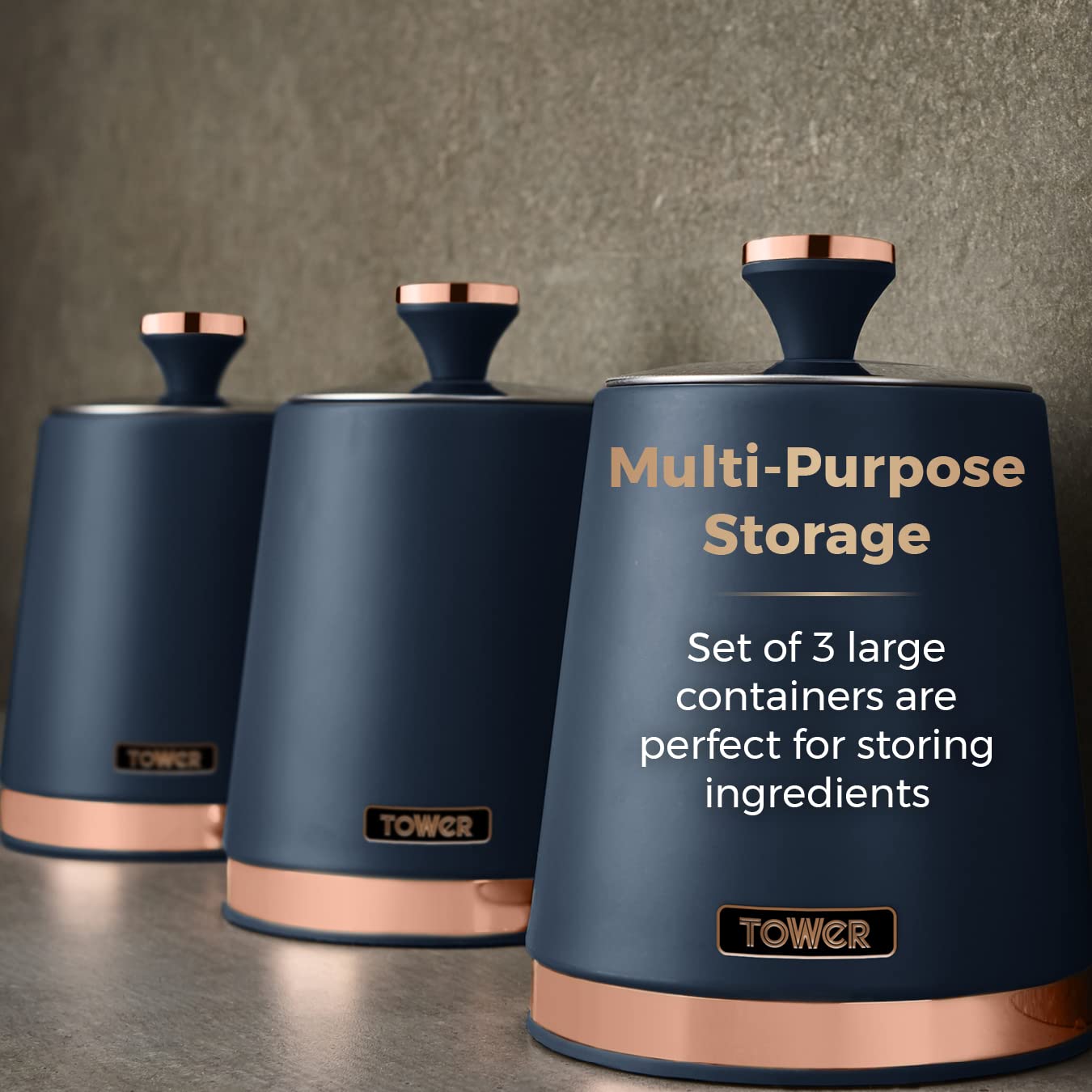 Tower Cavaletto Set of 3 Storage Canisters for Tea/Coffee/Sugar | 1.3L Capacity | Midnight Blue & Rose Gold 3