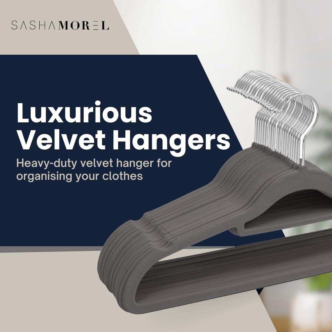 Sasha Morel Velvet Coat Hangers - 20 Pack Space Saving Non-Slip Clothes Hangers | Grey 4