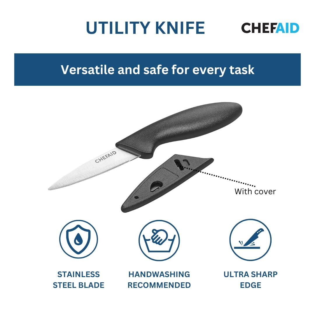 Chef Aid Stainless Steel Utility Knife with Safety Cover | Black | Medium Size 2