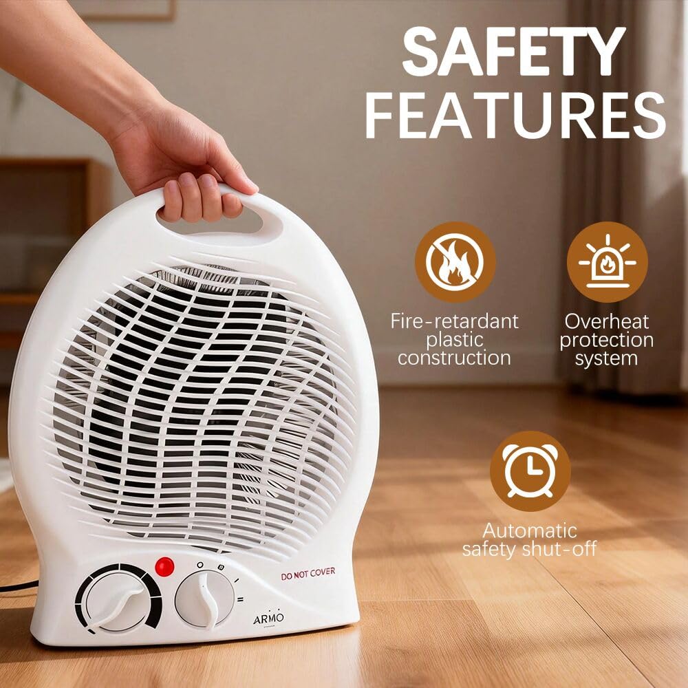 Armo Home 2KW Portable Electric Fan Heater - Adjustable Thermostat | White | Compact 4