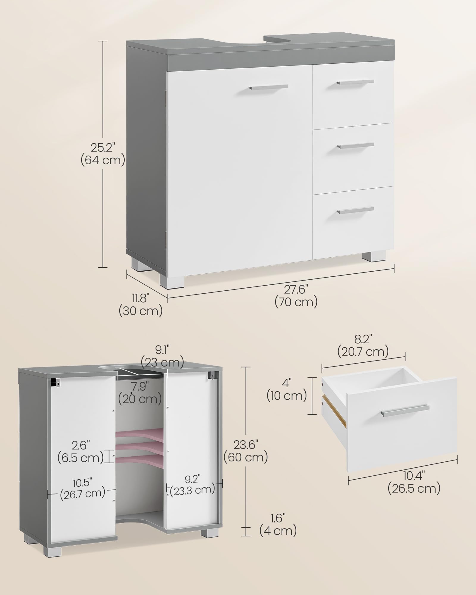 VASAGLE Under Sink Bathroom Cabinet - 3 Drawers, 2 Compartments | Cloud White + Dove Grey | 30x70x64 cm 3