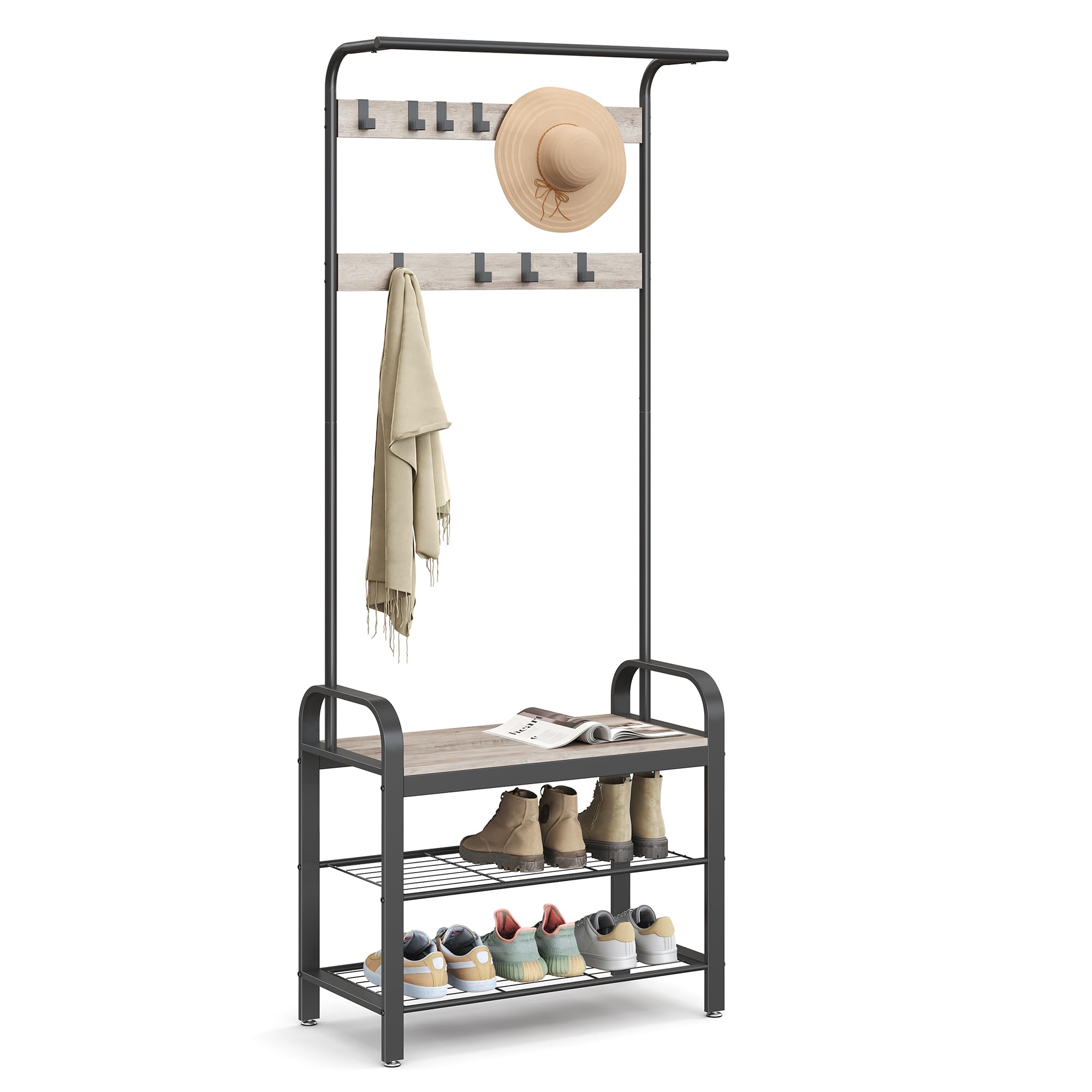 VASAGLE 4-in-1 Coat Rack with Shoe Storage Bench | 9 Removable Hooks | Greige & Black | 72 x 34 x 183 cm
