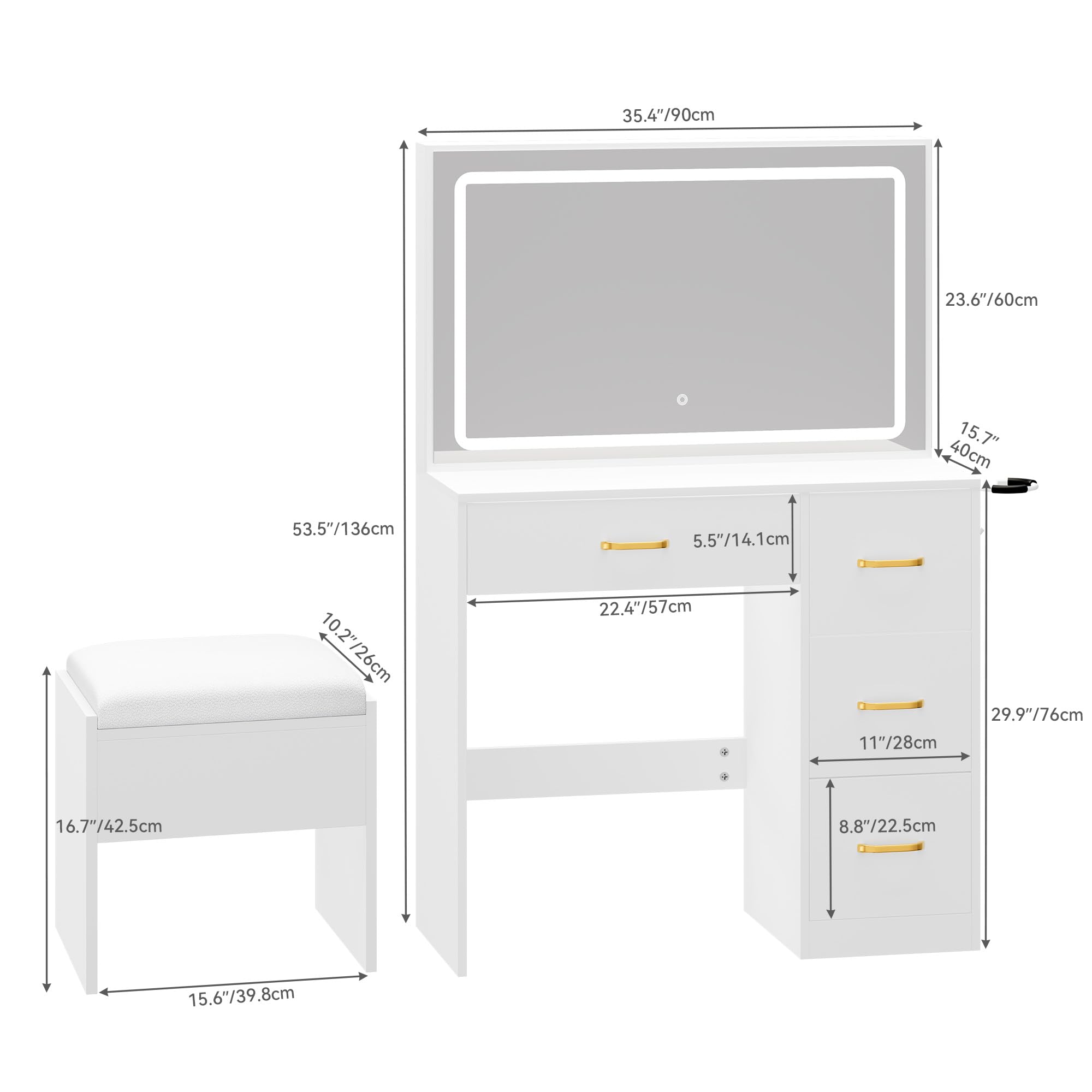 DWVO Vanity Table and Stool Set with LED Mirror | 90cm Wide | Integrated Charging Hub 3