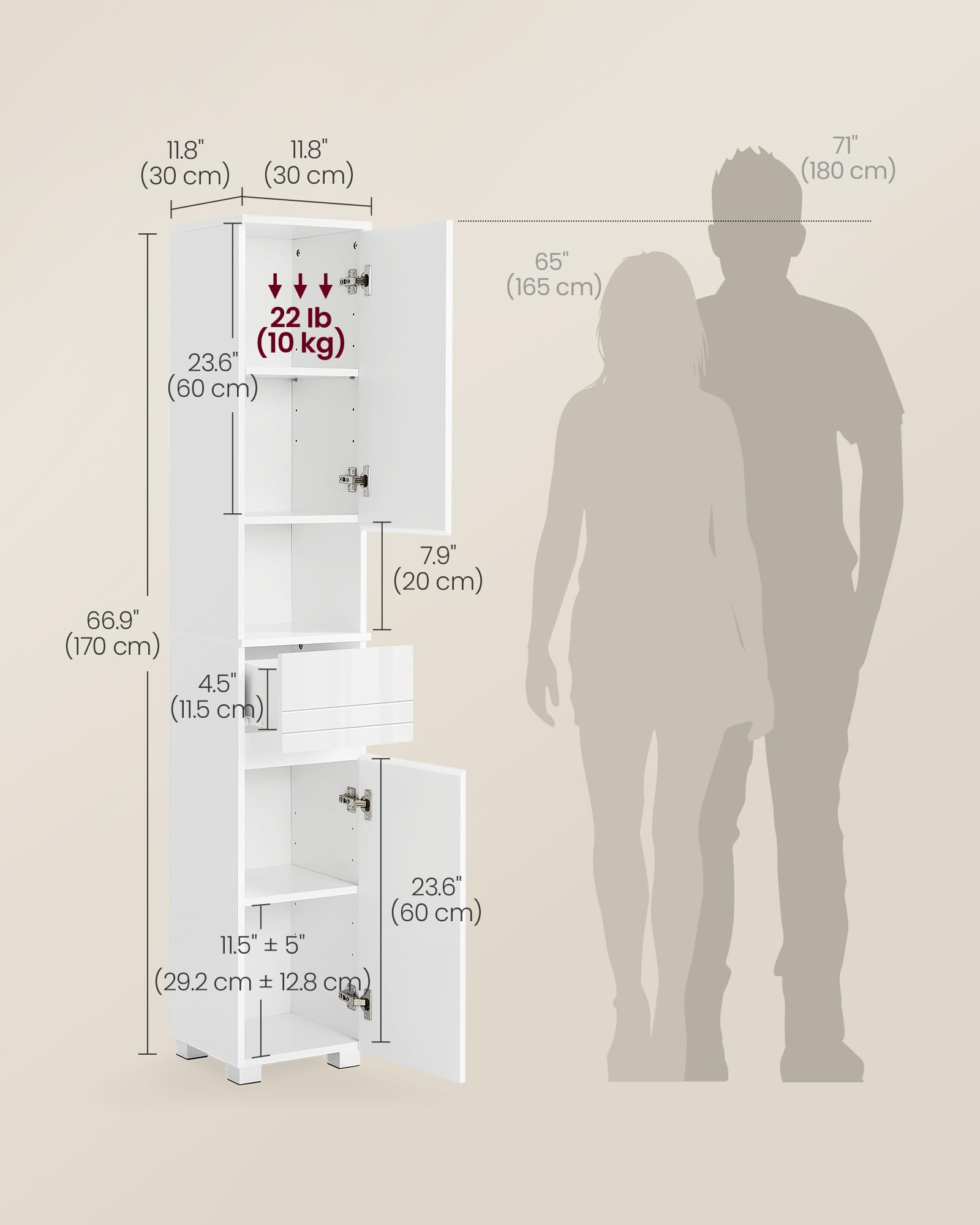 VASAGLE Tall Bathroom Cabinet - Slim Storage | White | MDF | 30x30x170 cm 2