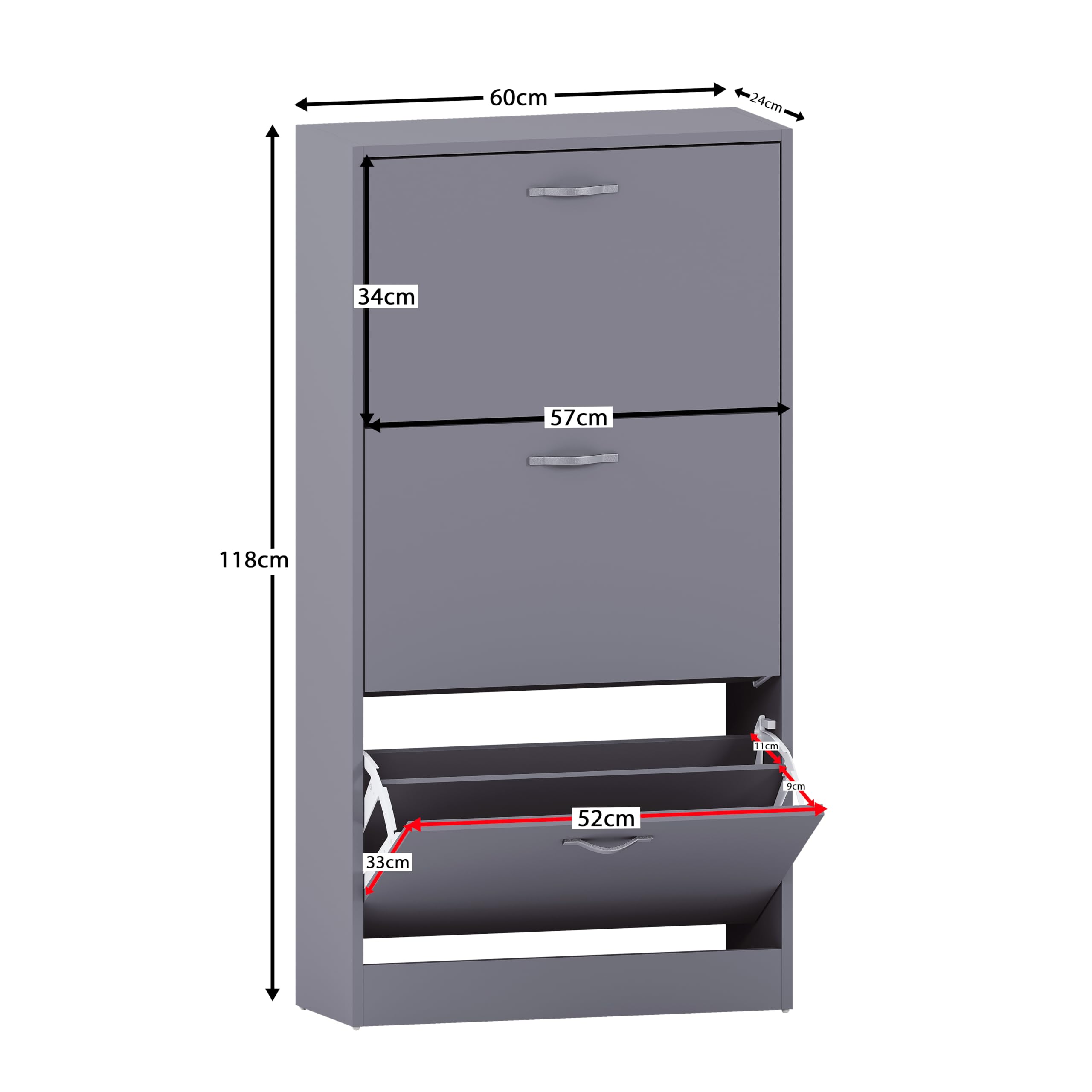 Vida Designs Wooden Shoe Cabinet - 3 Pull-Down Drawers | Slim Space-Saving Design | Grey 3