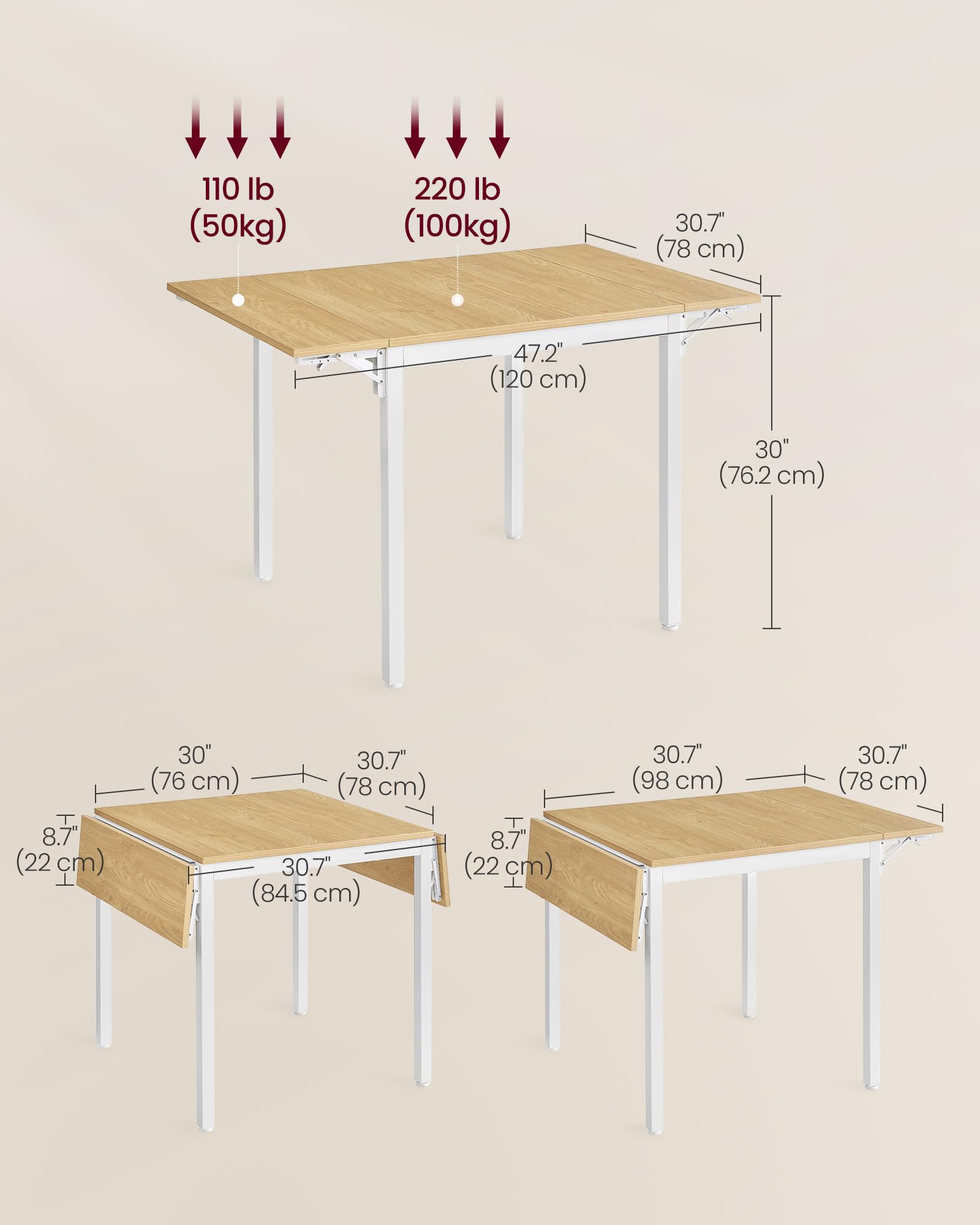 VASAGLE Folding Dining Table - Extendable Drop Leaf | Seats Multiple | Natural Oak + Cloud White 3