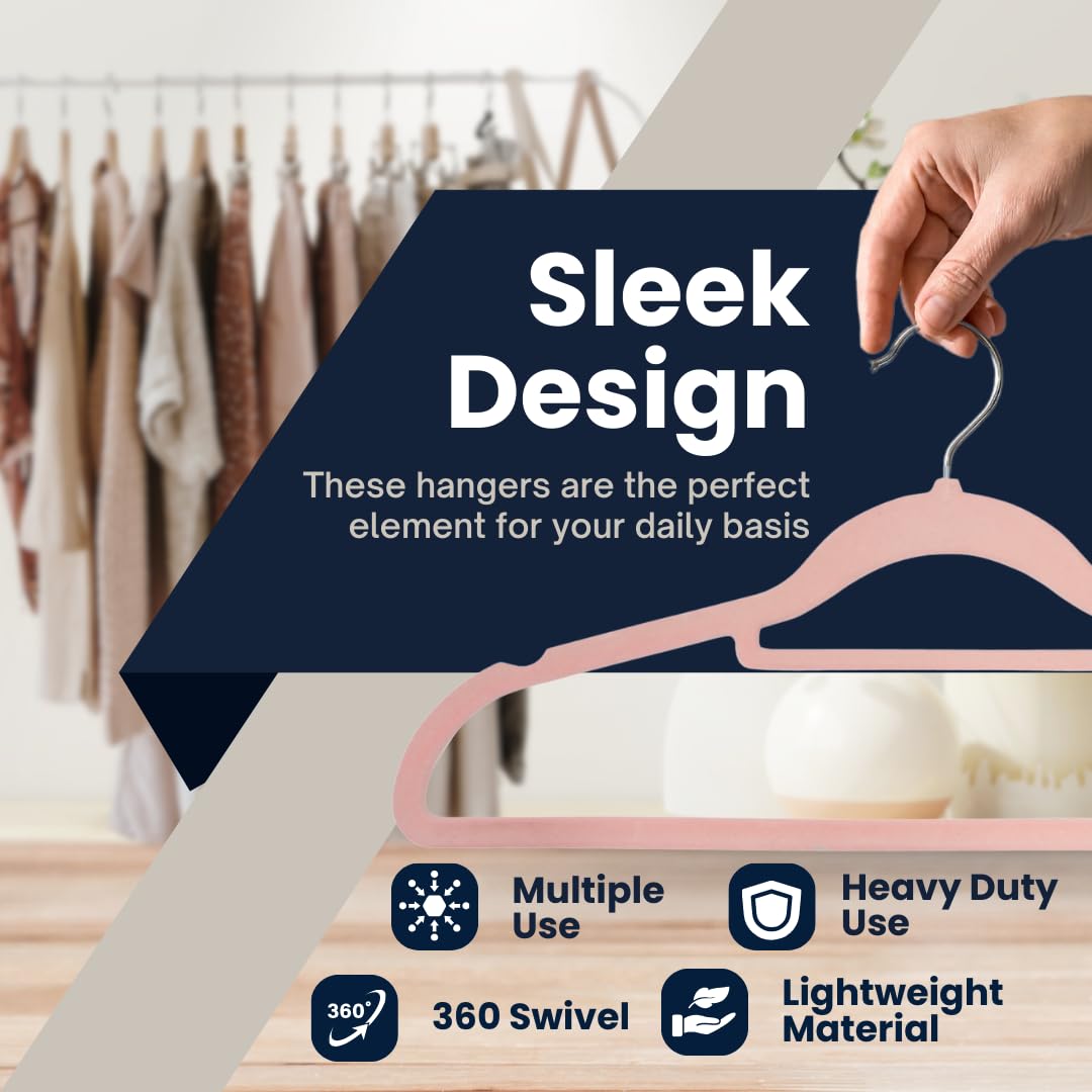 Sasha Morel Velvet Coat Hangers - 20 Pack Non-Slip Space Saving with Swivel Hooks | Pink