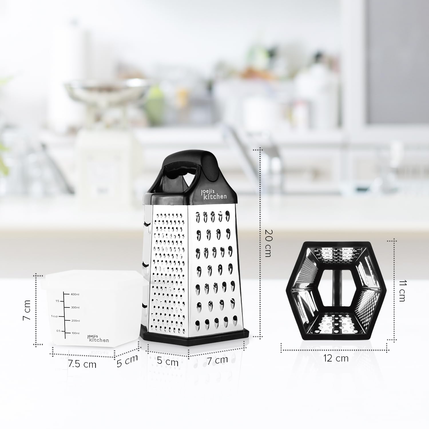 joeji's Kitchen 6-Sided Stainless Steel Cheese Grater with Non-Slip Base and Container 2