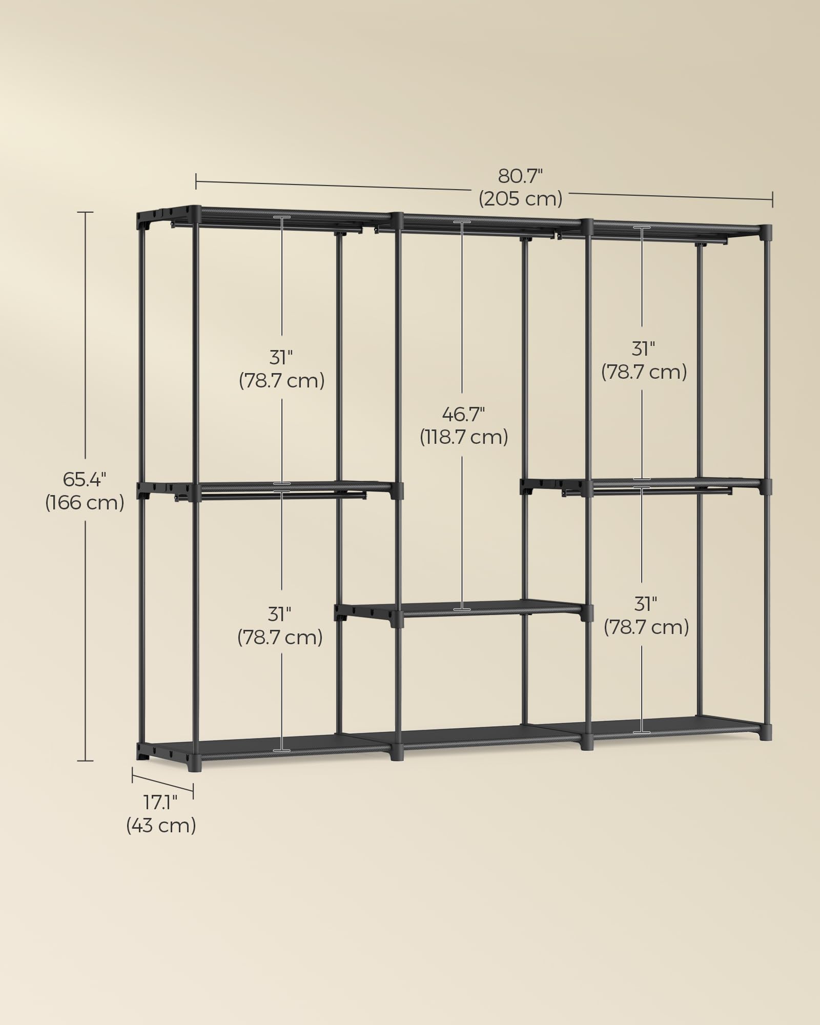 SONGMICS Portable Clothes Wardrobe - Ink Black | 5 Hanging Areas, 6 Shelves | 205W x 166H cm 6