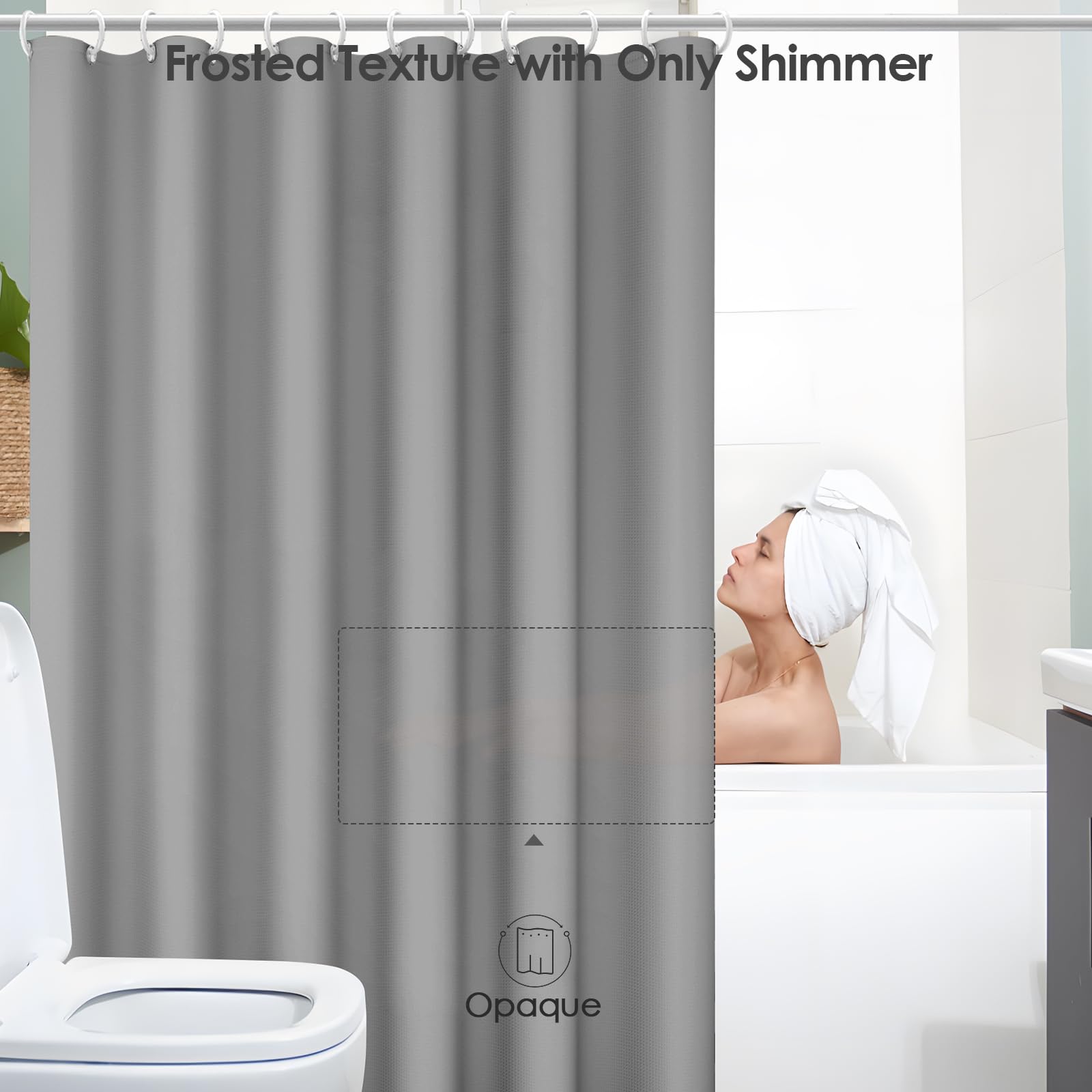 Vinabo Grey PEVA Shower Curtain - 180 x 200 cm Waterproof & Quick Drying | Includes 12 Hooks 6
