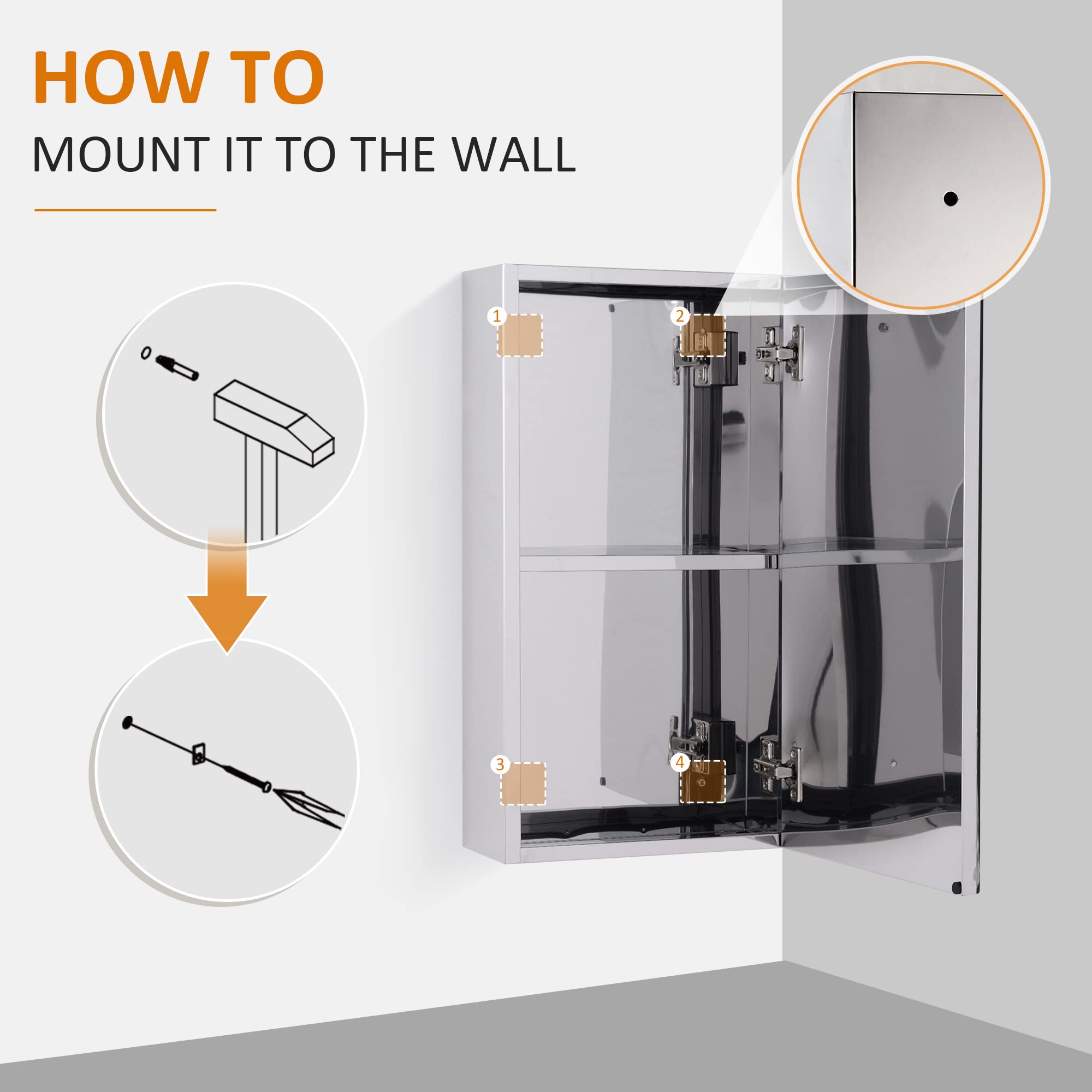 HOMCOM Stainless Steel Wall-mounted Bathroom Mirror Storage Cabinet | 55cm H x 30cm W | Silver 8