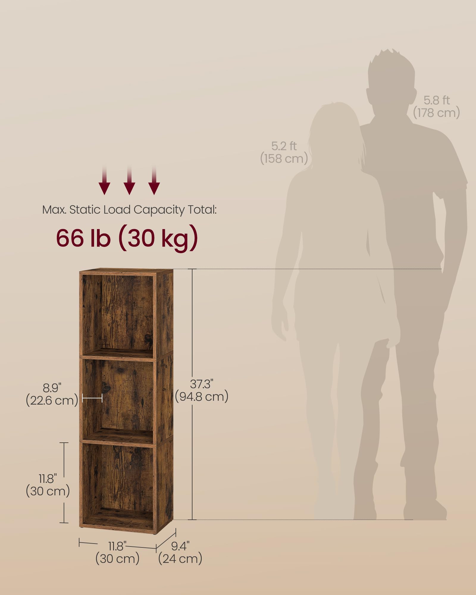 VASAGLE CUSTOS Collection Bookshelf - 3-Tier Cube Storage | Rustic Brown | 94.8cm Height 3