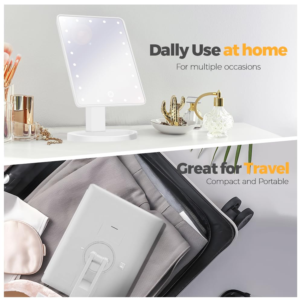 Woobroo Makeup Vanity Mirror with 22 LED Lights | Detachable 10X Magnification | Touch Sensor Dimming | White 6