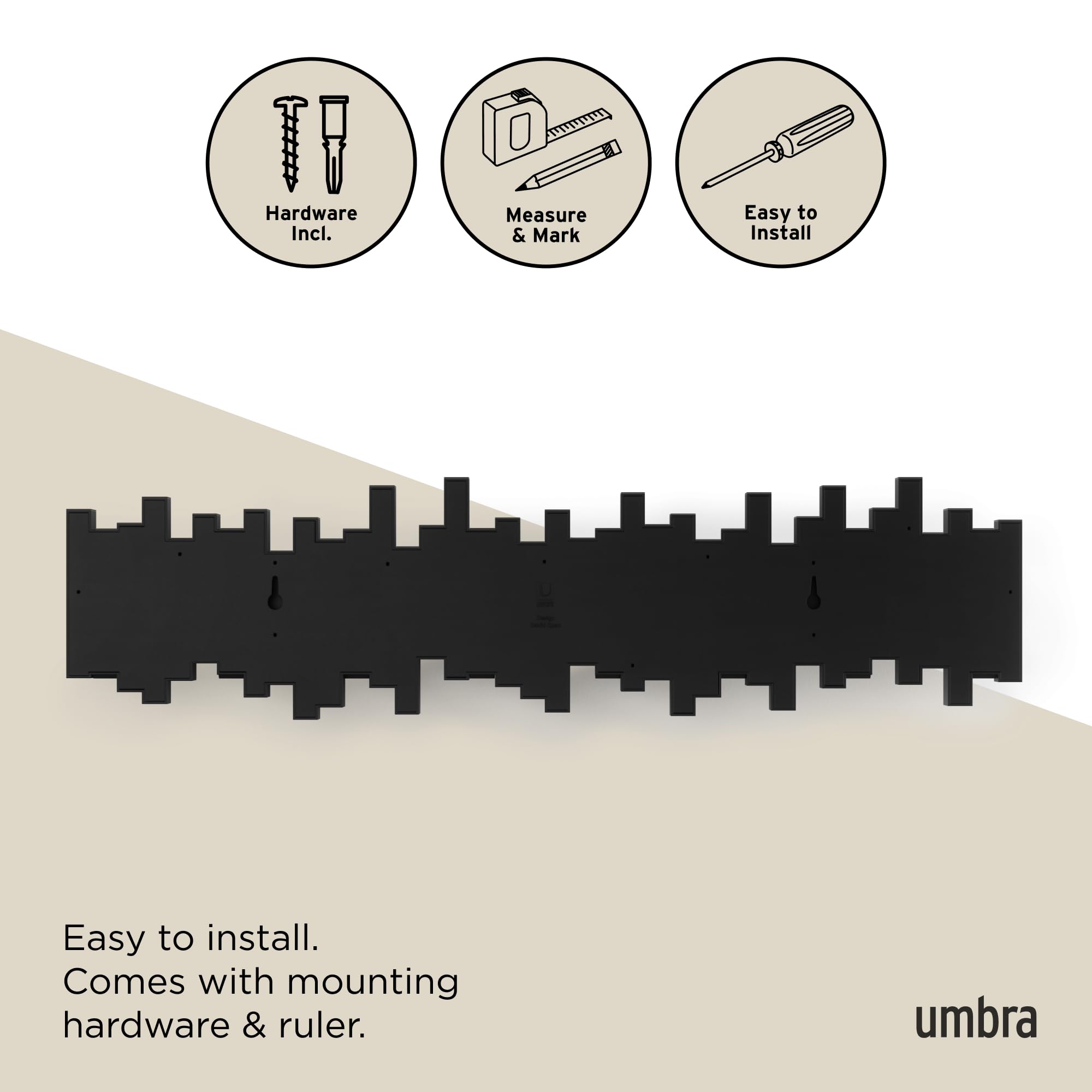 Umbra Sticks Wall-Mounted Coat Rack Rail Hook - 8 Retractable Pegs | Black | Polystyrene 6
