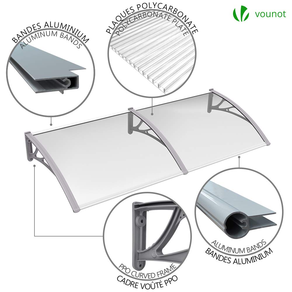 VOUNOT Outdoor Door Canopy Awning - 200 x 80 cm Grey Shelter | Polycarbonate & Aluminum 6