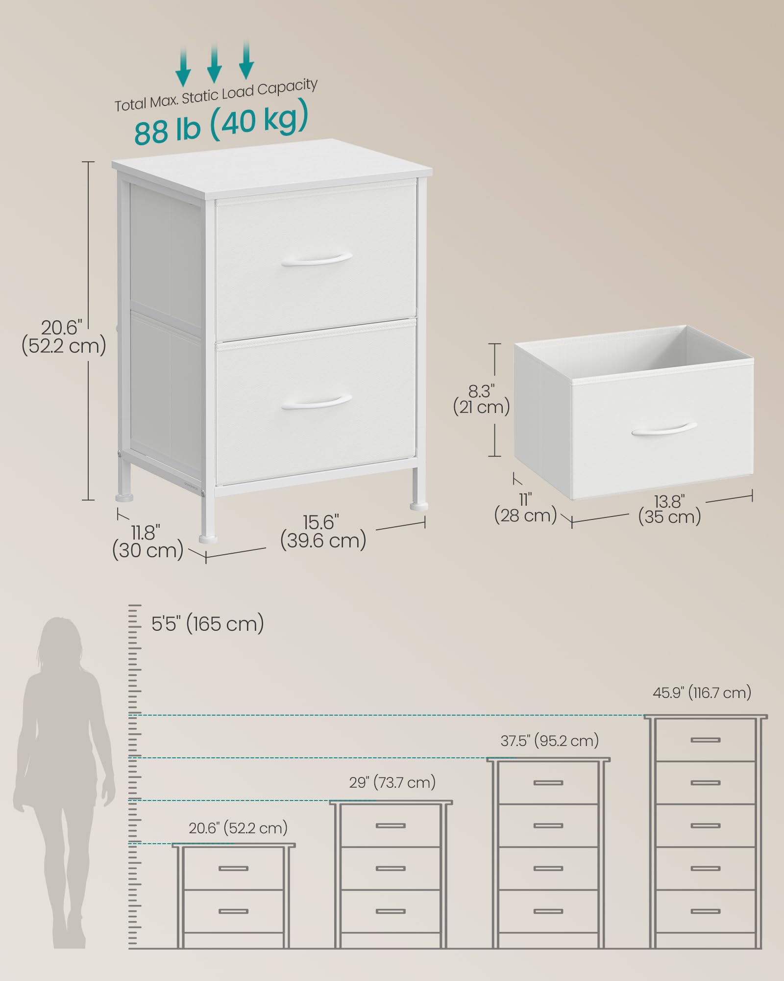 SONGMICS Bedside Table with 2 Non-Woven Fabric Drawers | Cloud White + Snow White | Steel & MDF Construction 2