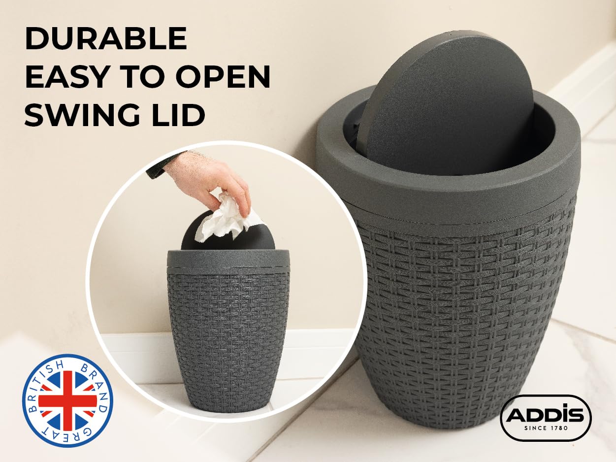 Addis Faux Rattan Round Swing Lid Bathroom Bin - Charcoal | 5L Capacity | Plastic 7