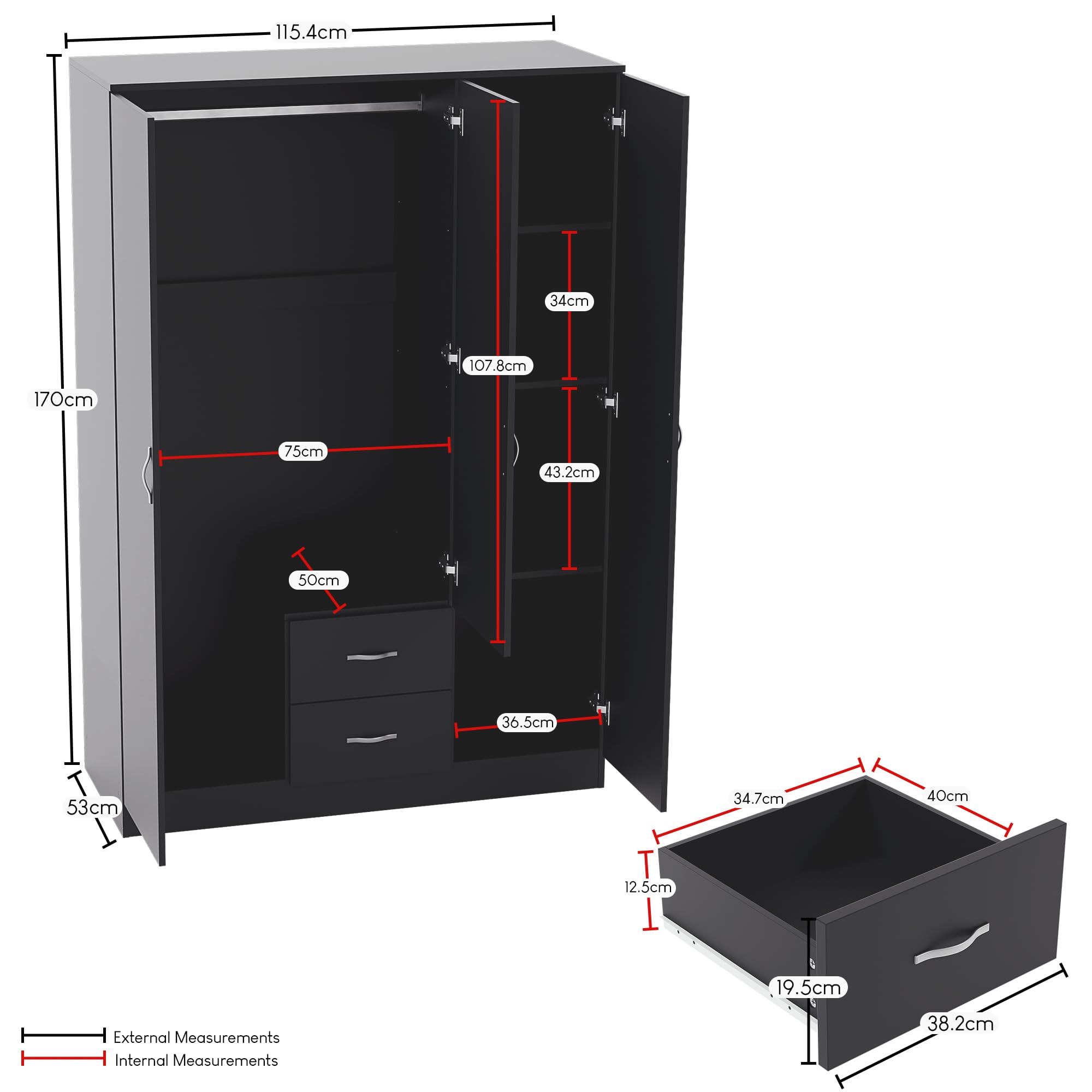 Vida Designs Riano Wardrobe - Engineered Wood Storage | H170 x W115.4 cm | Black 2